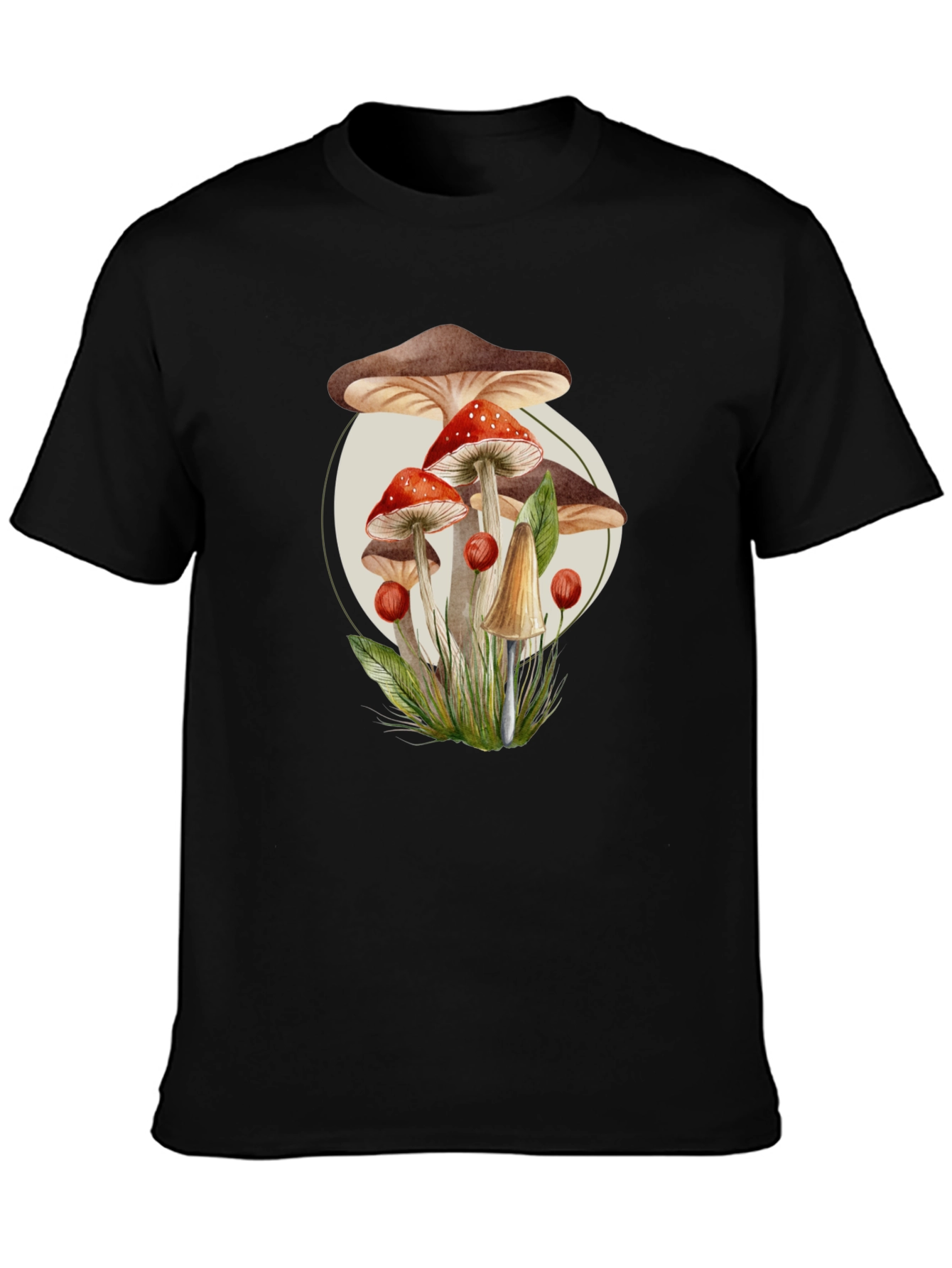 Black Mushroom Print Black T-Shirt - Unique Nature Design view 3