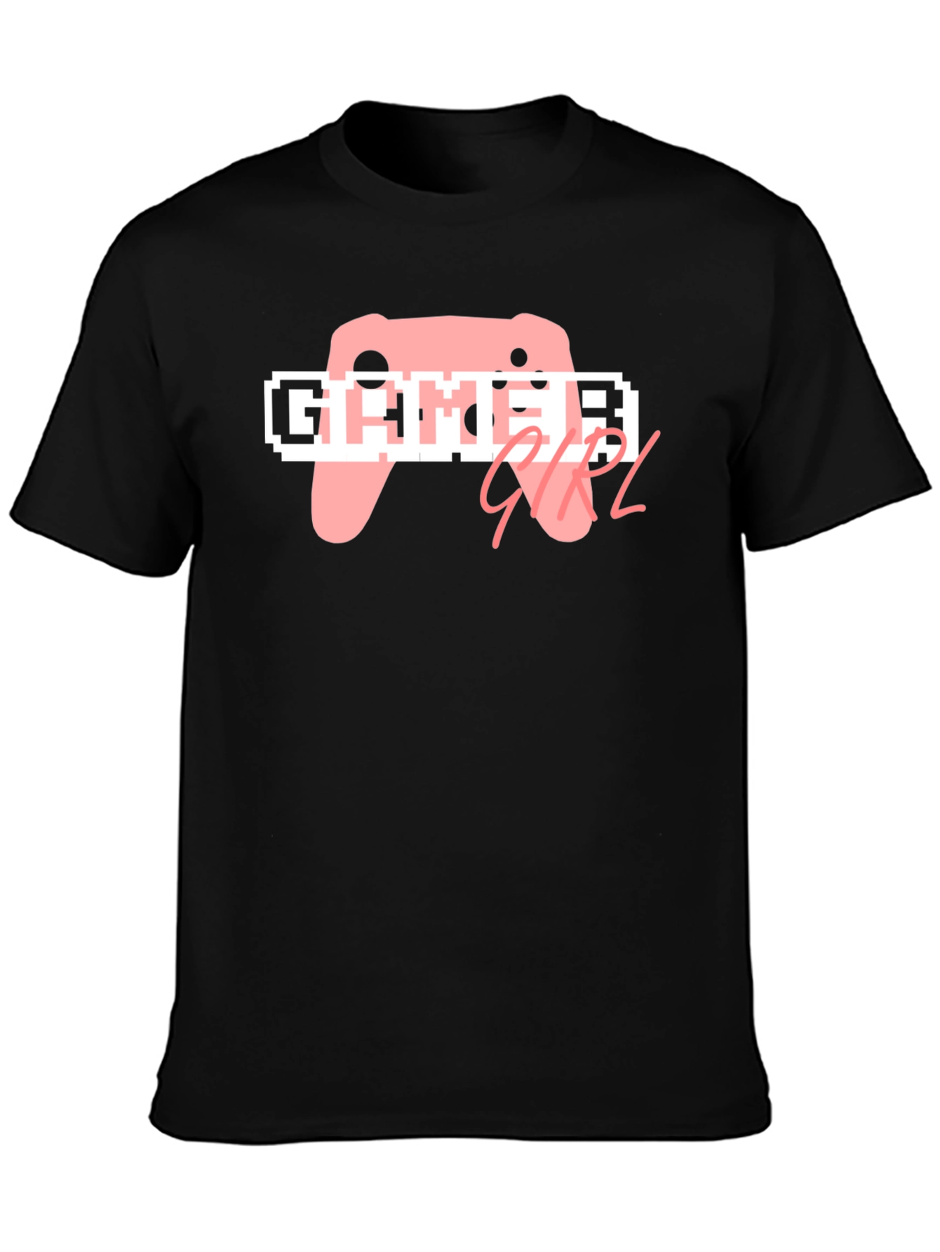 Black Gamer Girl T-Shirt - Black Cotton Tee, Pink Controller Design view 3