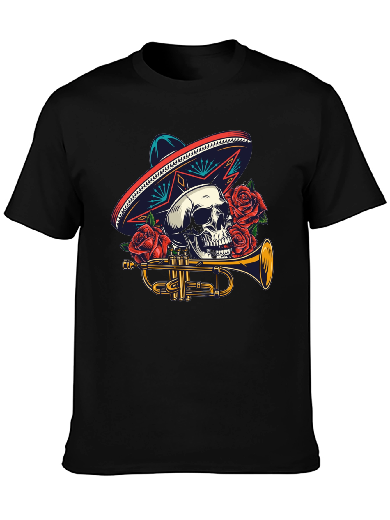 Black Skull Sombrero Trumpet Graphic Tee view 3