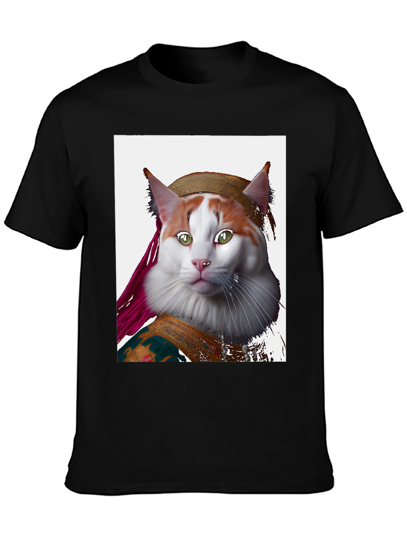 Black Mona Lisa Cat T-Shirt - Artful Feline Portrait view 3