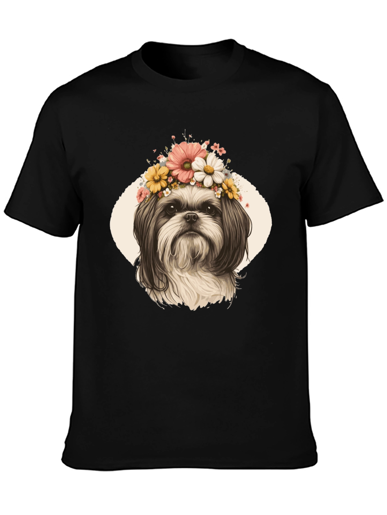 Black Dog with Flower Crown Graphic T-Shirt view 3