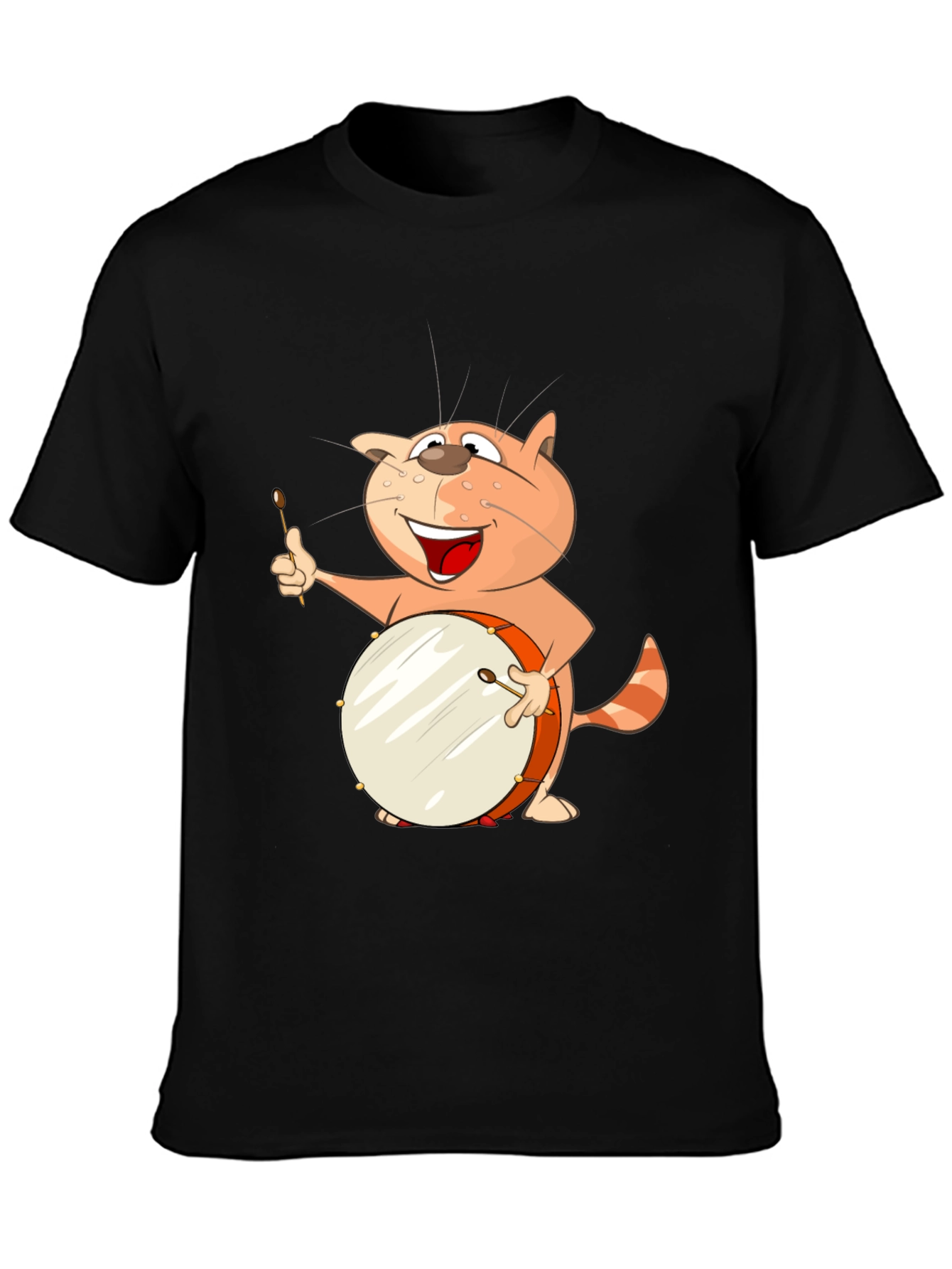 Black Funny Cat Drummer T-Shirt view 3