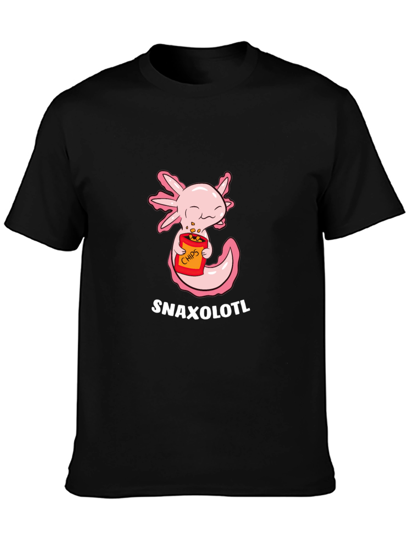 Black Snaxolotl T-Shirt - Cute Axolotl Eating Chips! view 3
