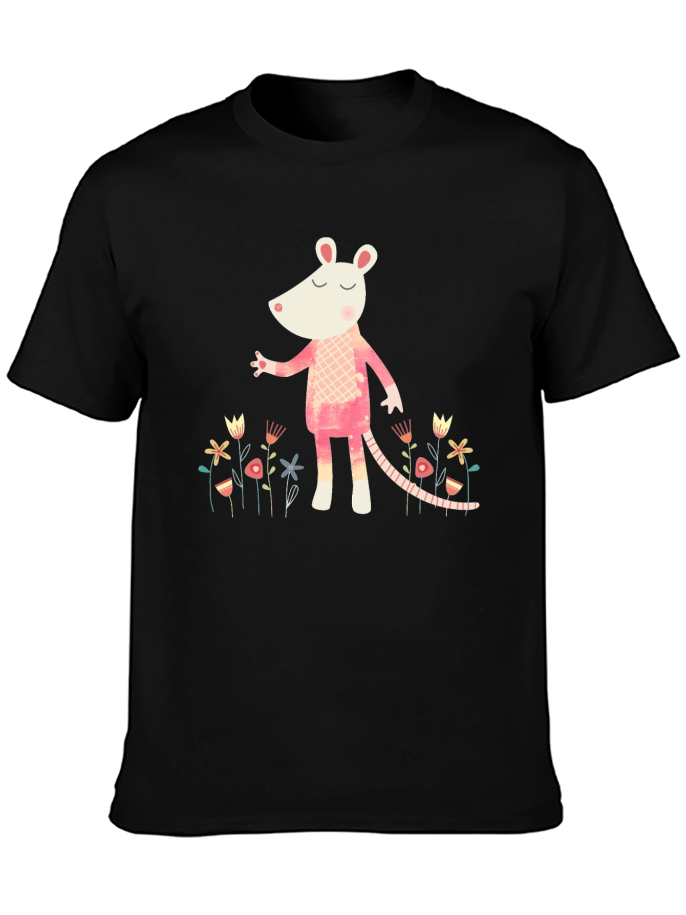 Black Whimsical Rat in Floral Garden Black T-Shirt view 3
