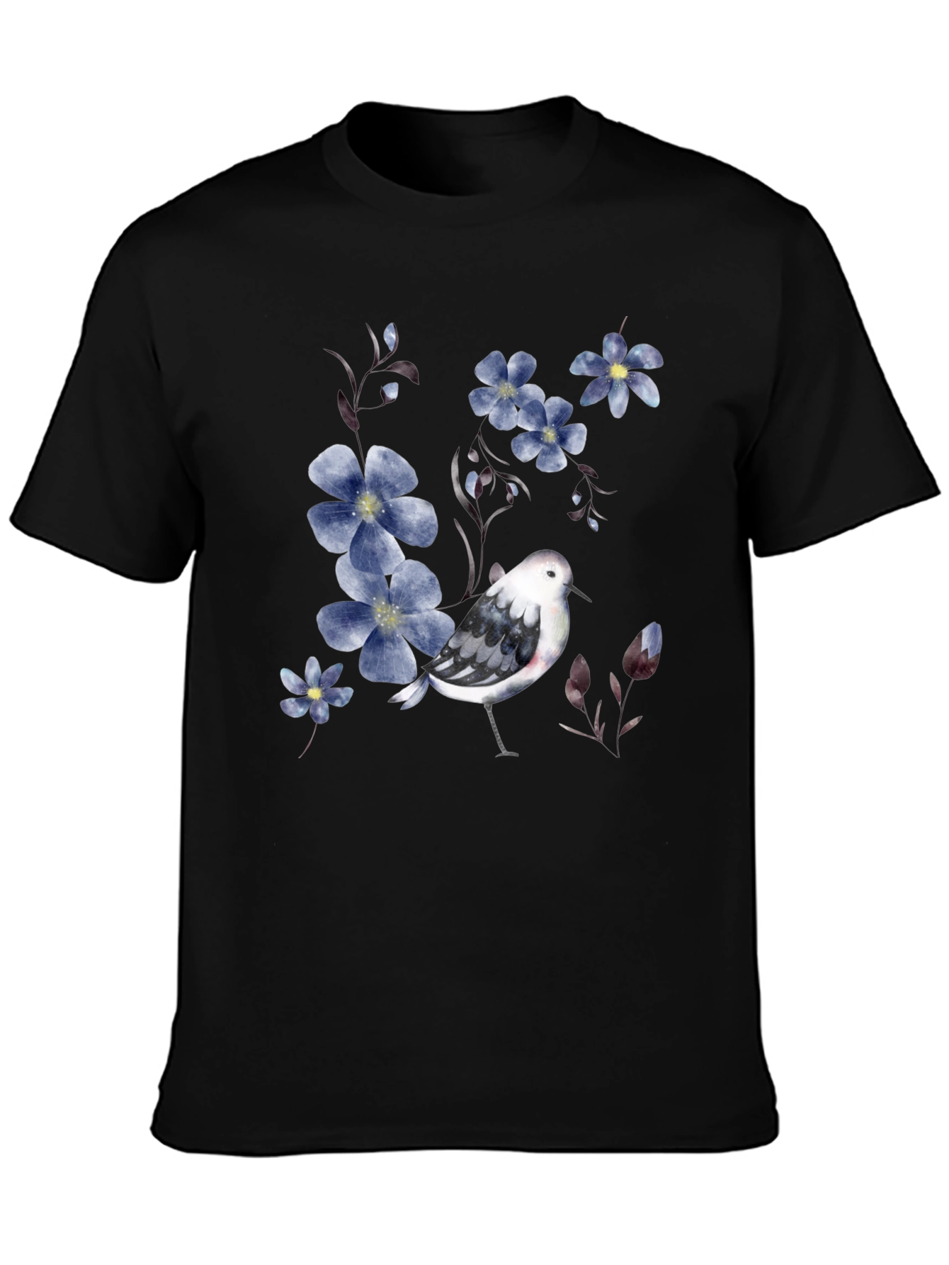 Black Floral Bird Print Black T-Shirt view 3