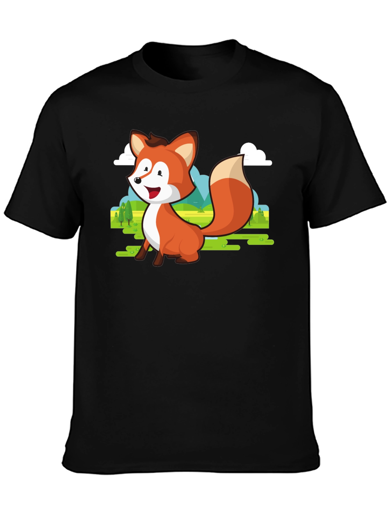 Black Cute Fox Cartoon T-Shirt - Men's Black Tee view 3