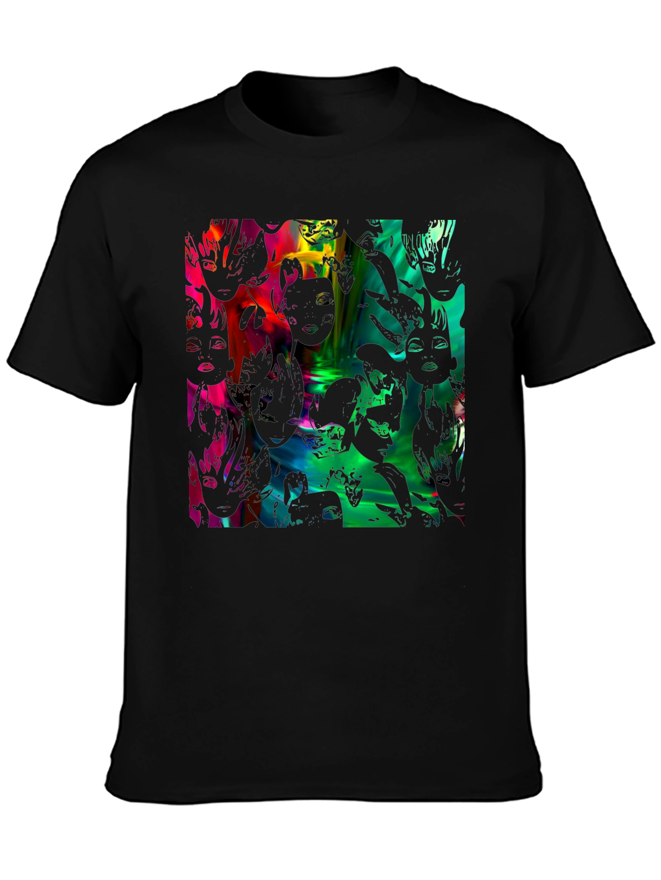 Black Abstract Faces Graphic Black Tee view 3