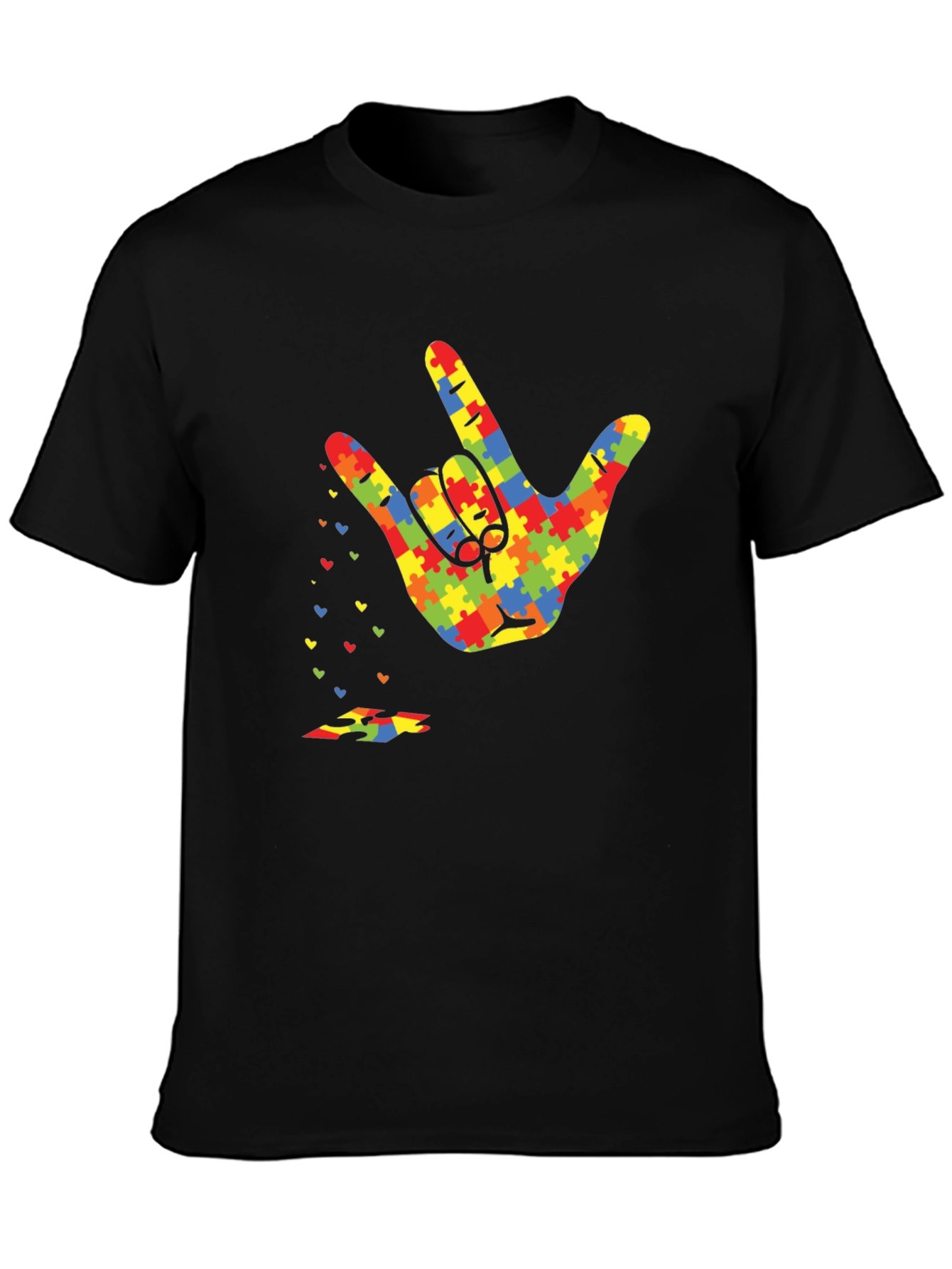 Black Autism Awareness Puzzle Hand Gesture T-Shirt view 3