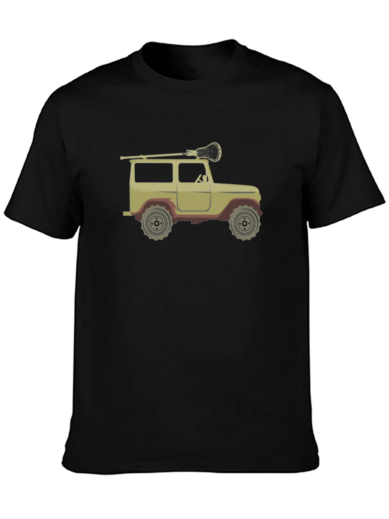 Black Vintage Off-Road Truck & Lacrosse Stick Black T-Shirt view 3
