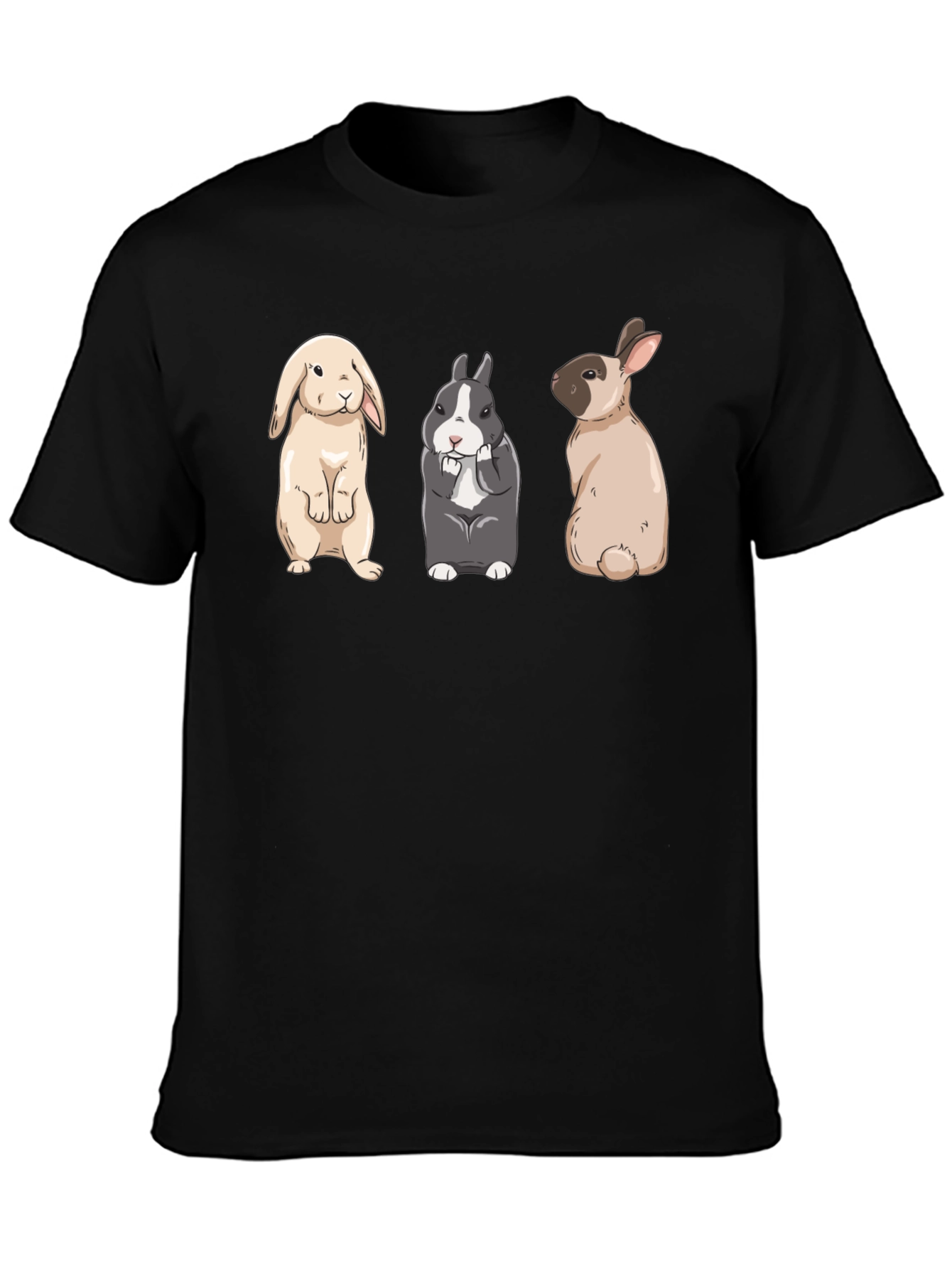 Black Three Cute Bunnies Black T-Shirt view 3