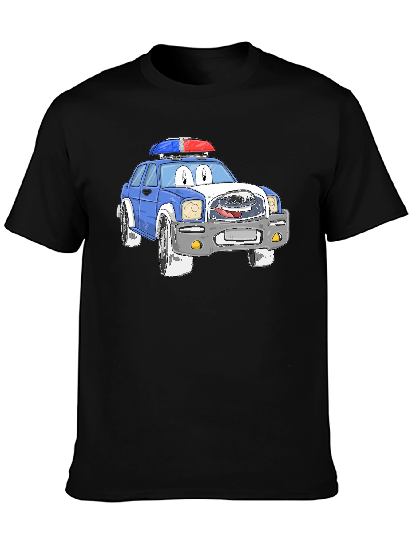 Black Cartoon Police Car Graphic T-Shirt view 3