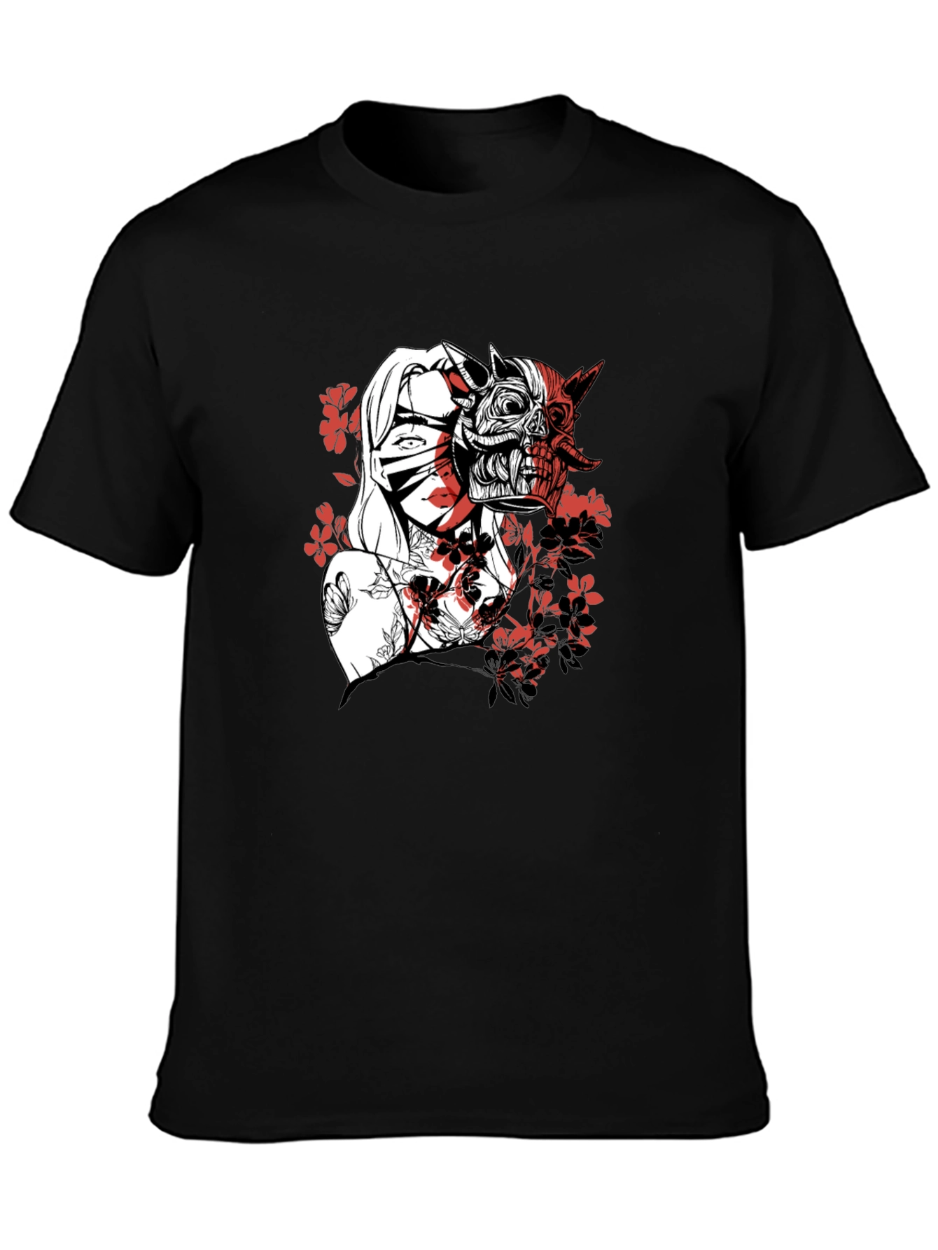 Black Men's Graphic Tee - Samurai Girl & Skull Design view 3