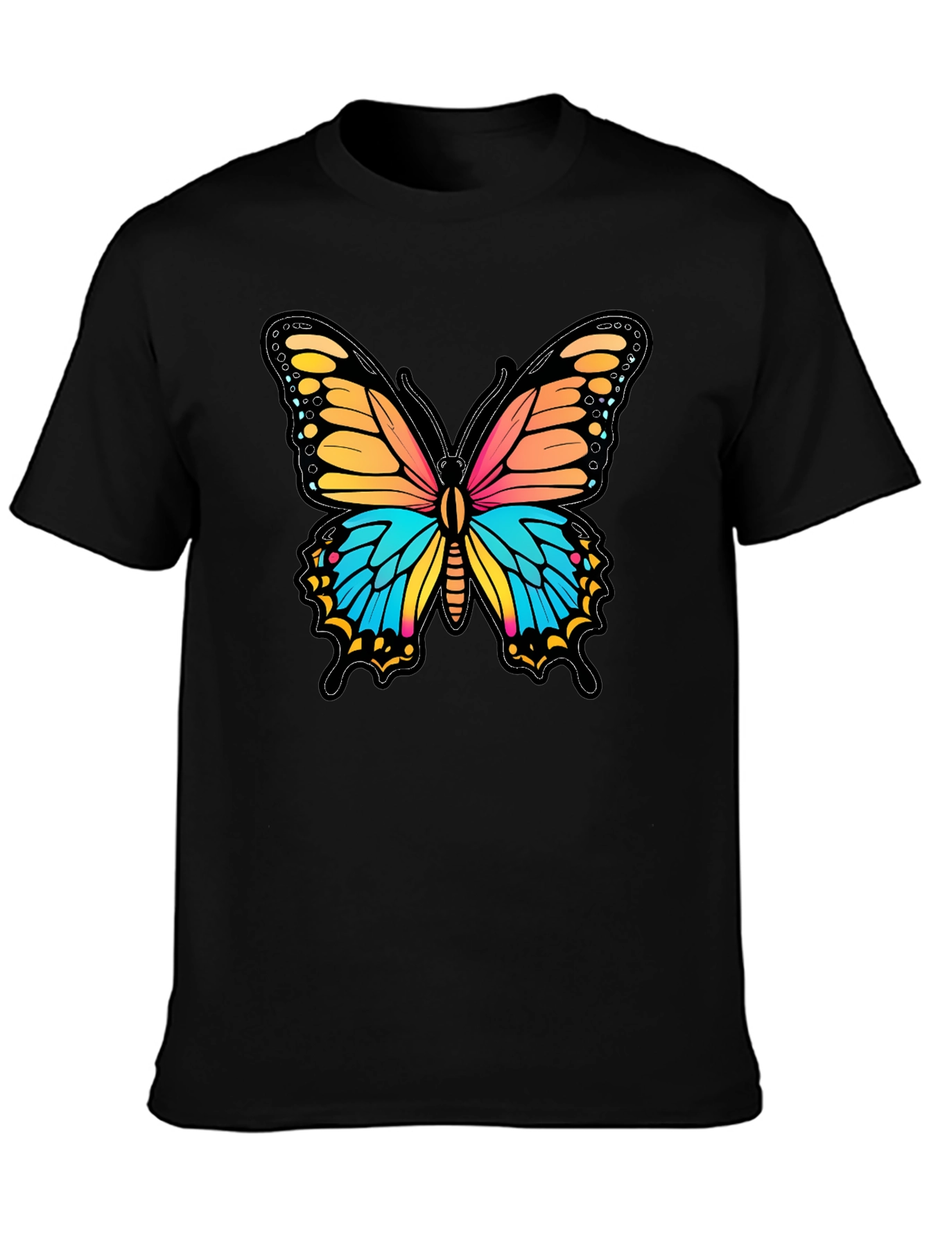 Black Vibrant Butterfly Graphic Print Black T-Shirt view 3