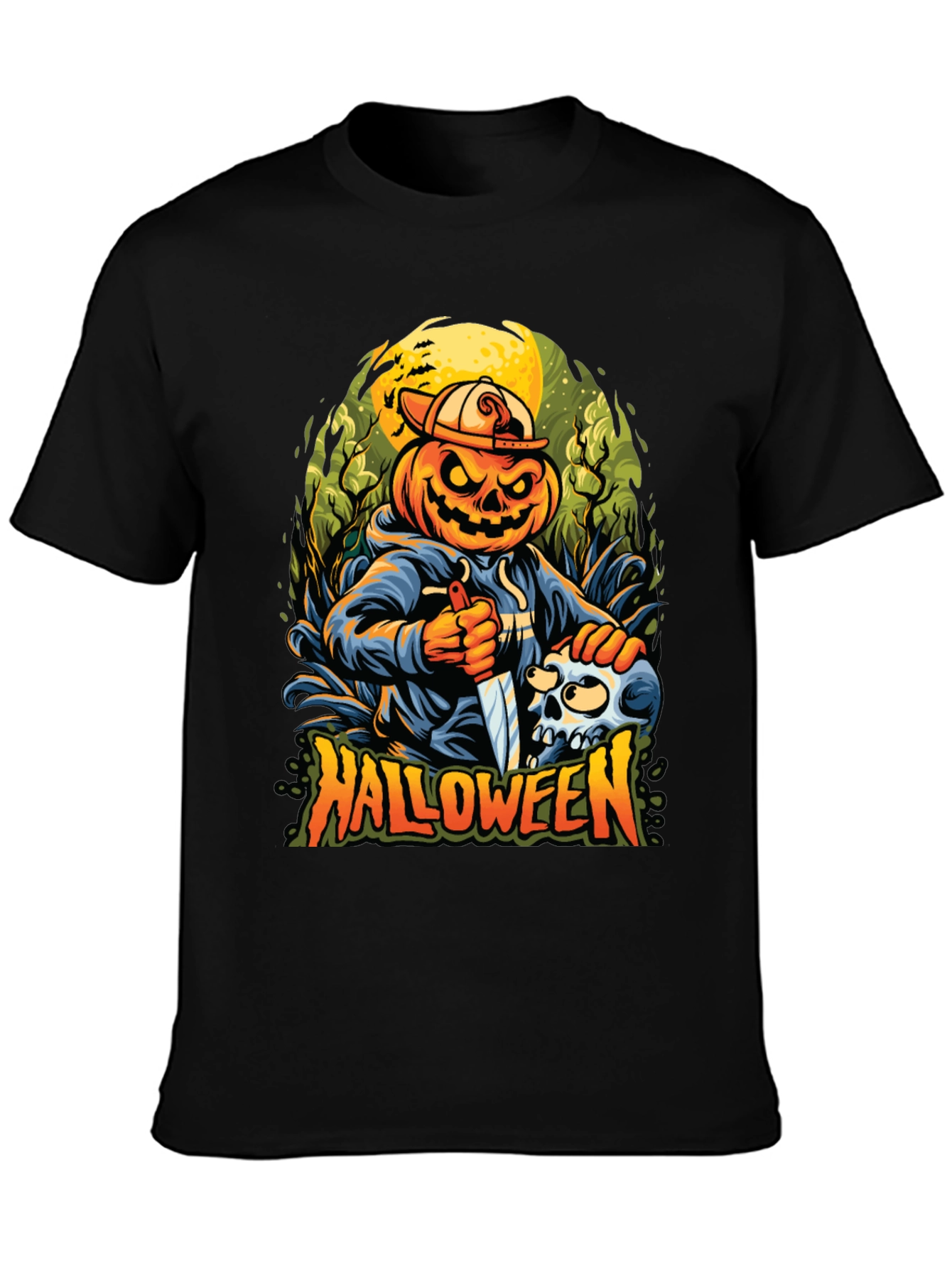 Black Halloween Pumpkin Skull Graphic Tee view 3