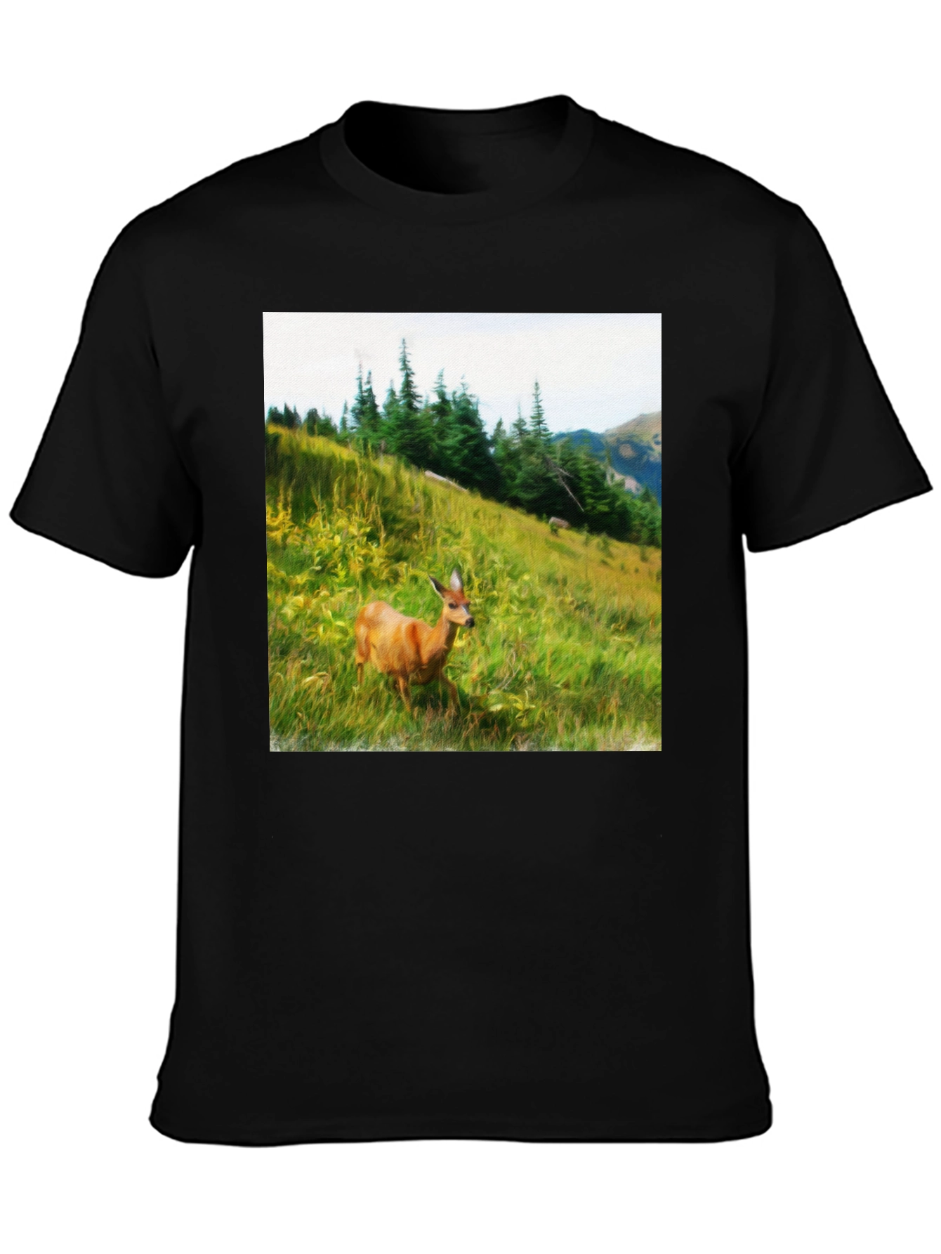 Black Nature Scene Deer Graphic Tee - Unisex Black T-Shirt view 3