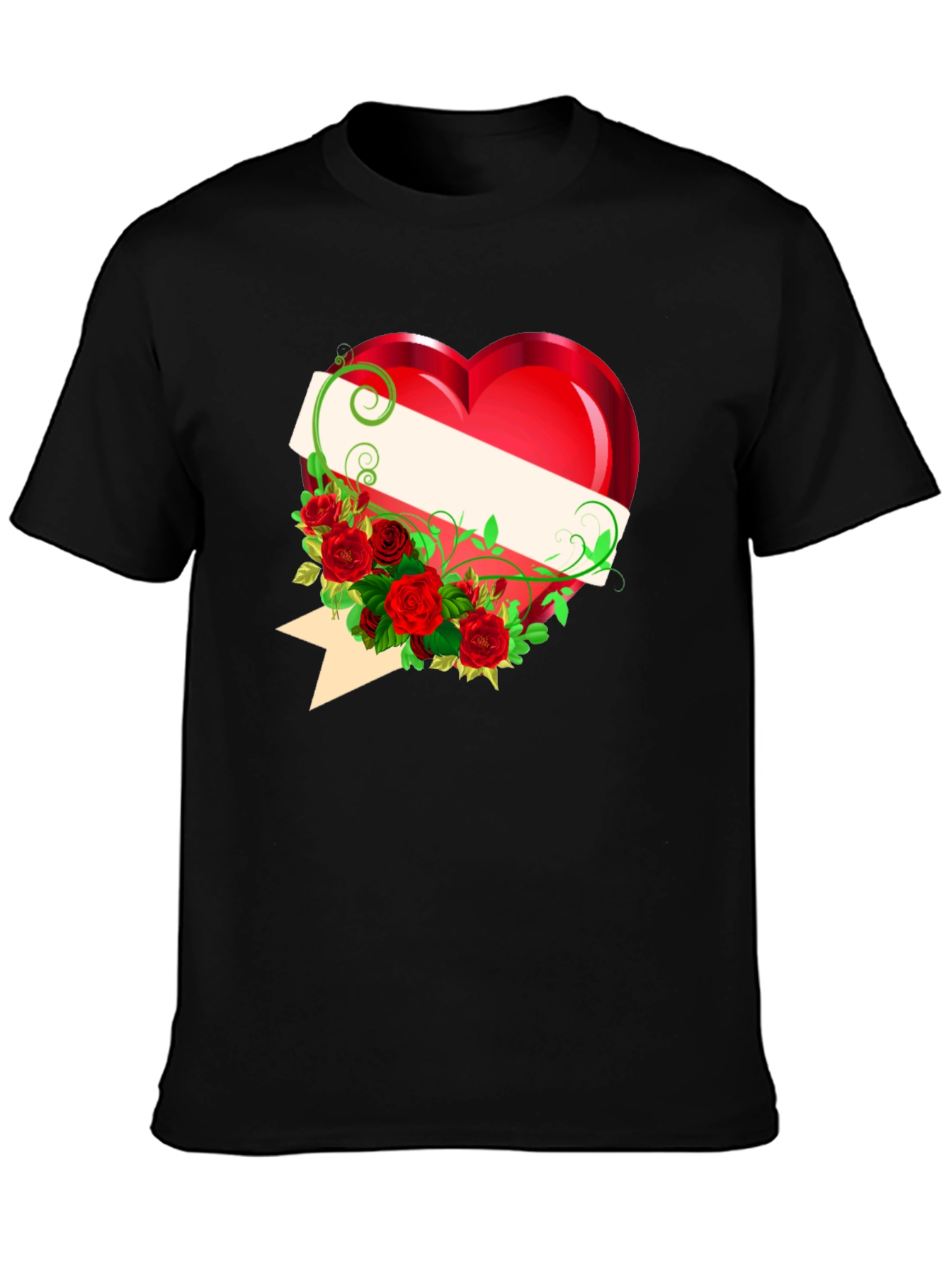 Black Heart & Roses Graphic Tee - Romantic Design T-Shirt view 3
