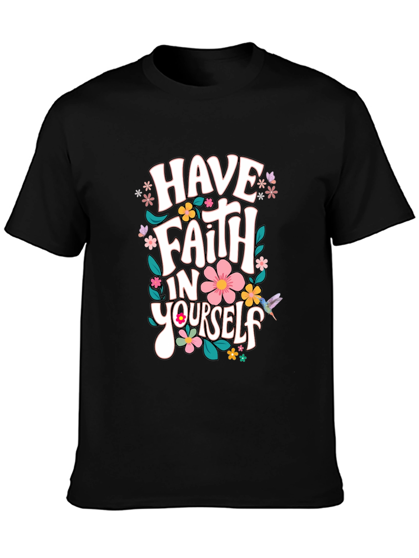 Black Faith In Yourself T-Shirt, Floral Design, Black view 3