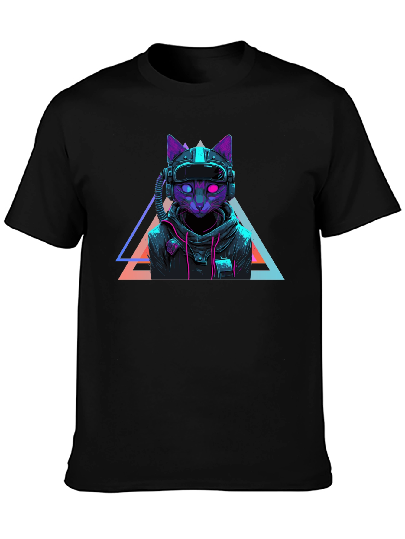 Black Cyberpunk Cat T-Shirt - Futuristic Neon Design view 3
