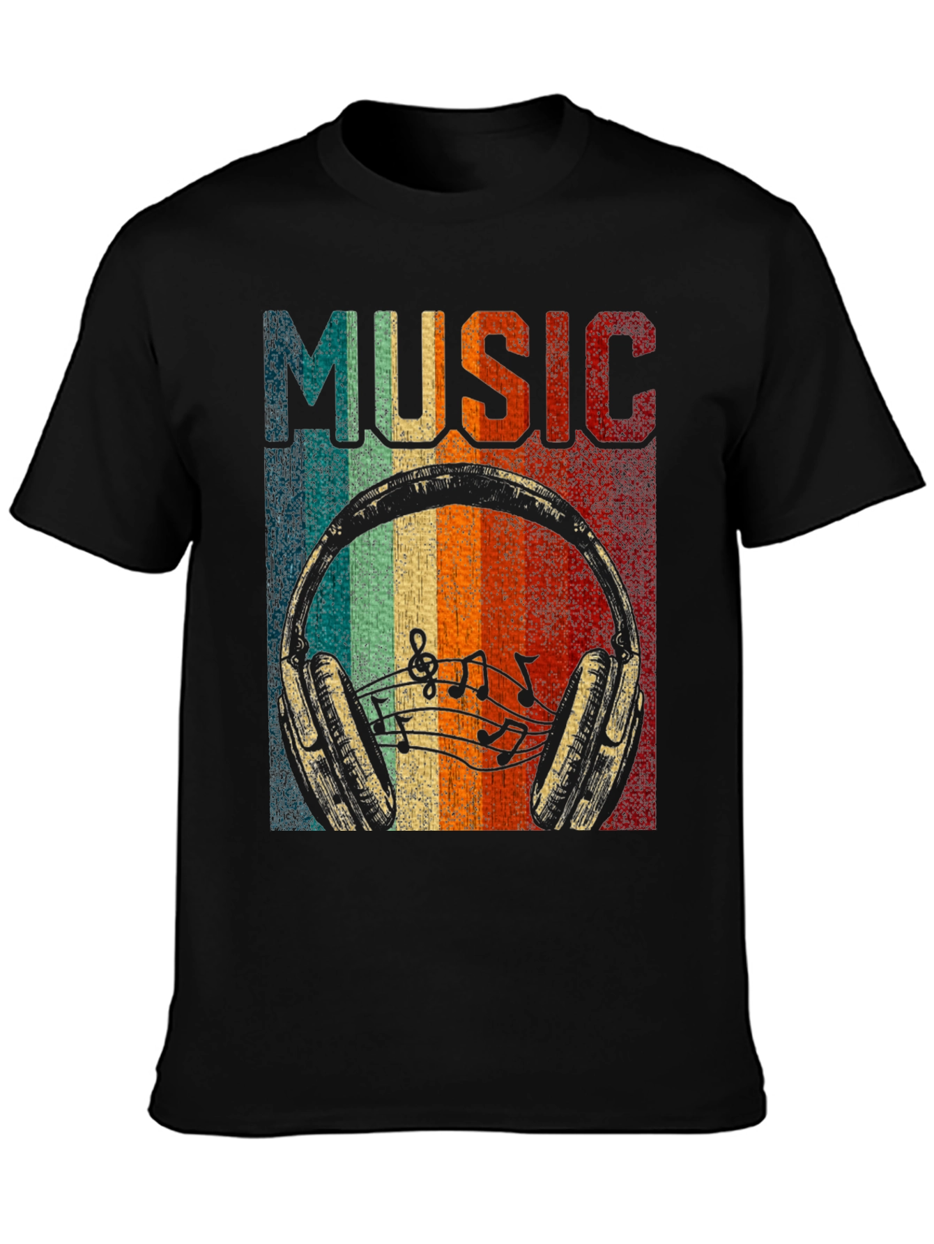 Black Retro Music Headphone T-Shirt view 3