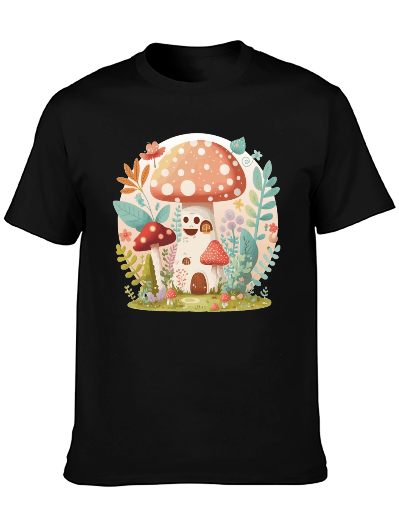Black Mushroom House Graphic Tee - Whimsical Design view 3