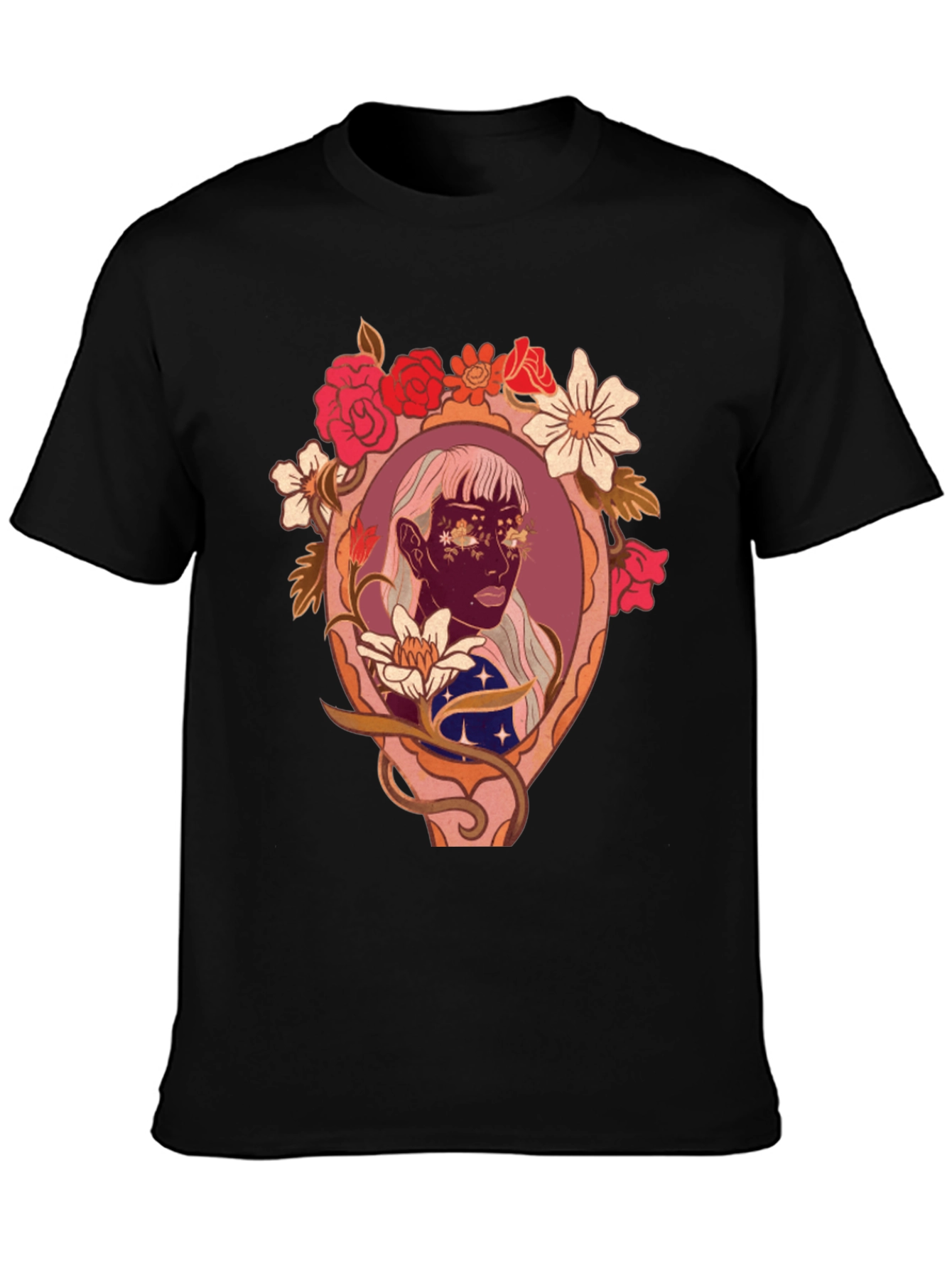 Black Floral Framed Face Graphic Tee view 3