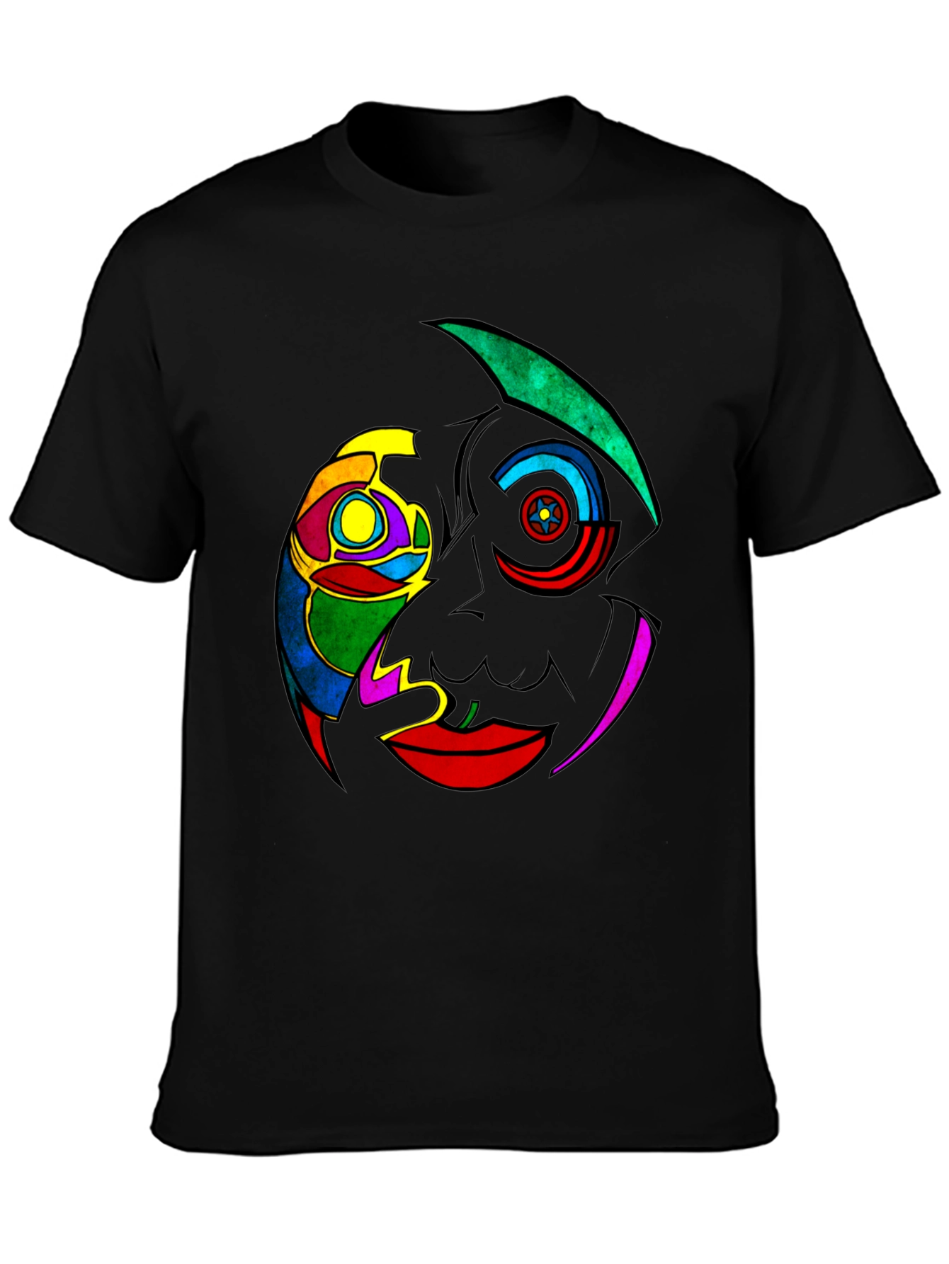 Black Abstract Colorful Face Graphic Black T-Shirt view 3