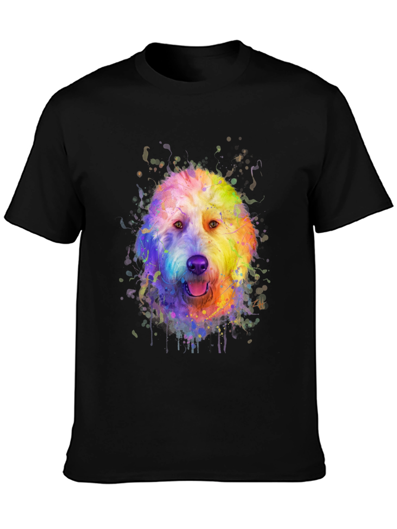 Black Rainbow Doodle Dog Graphic Tee - Black Cotton T-Shirt view 3