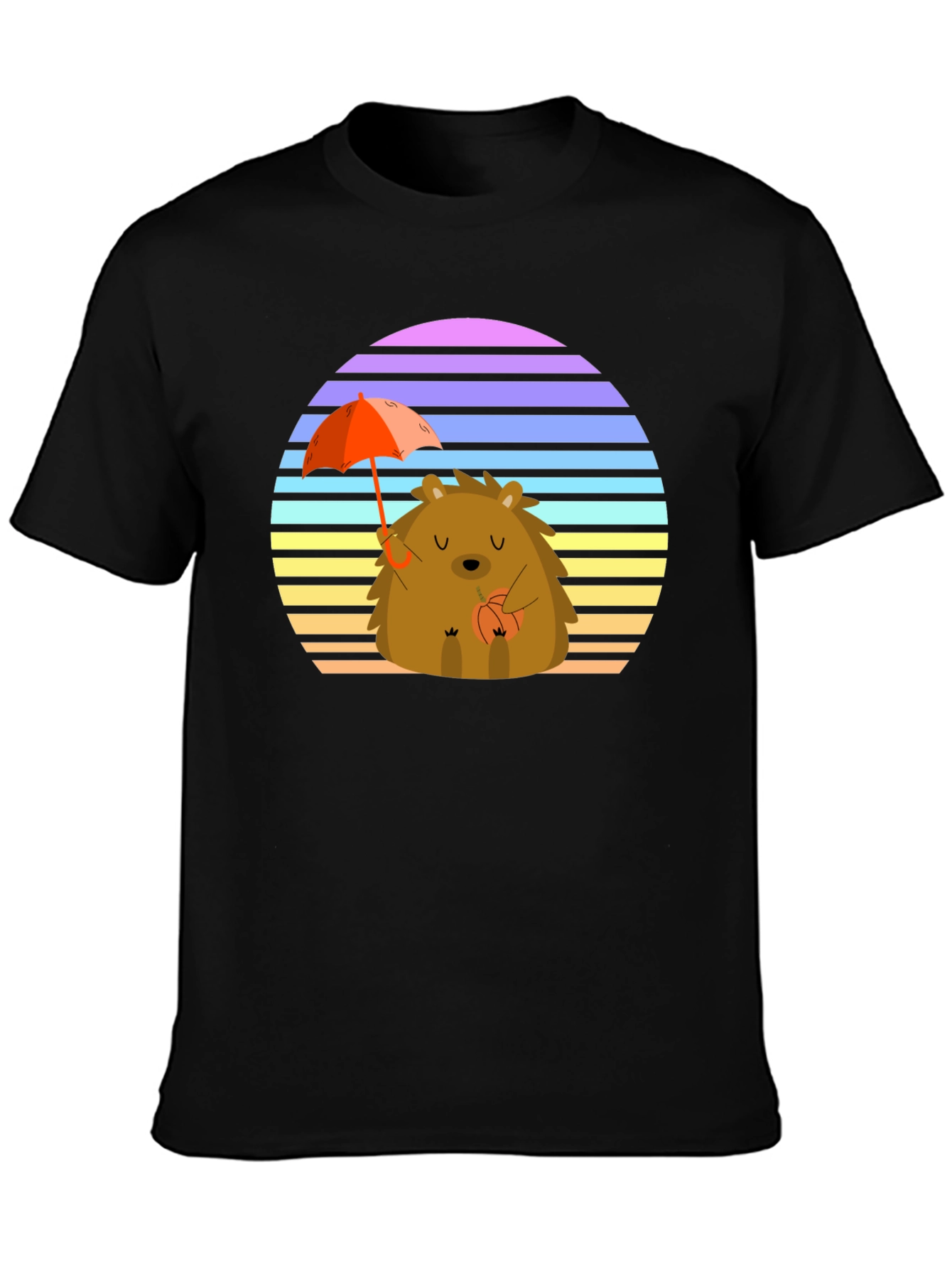 Black Cute Hedgehog T-Shirt with Retro Sunset Design view 3