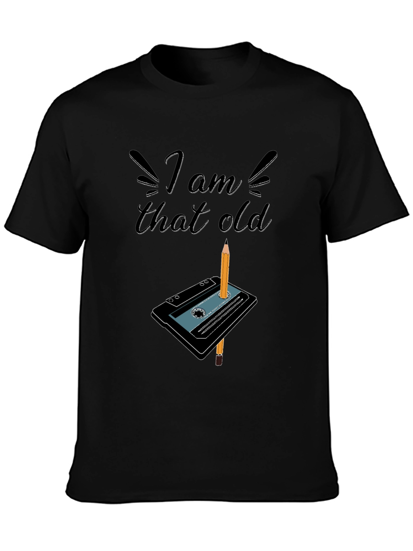 Black I Am That Old Cassette Tape & Pencil Graphic T-Shirt view 3