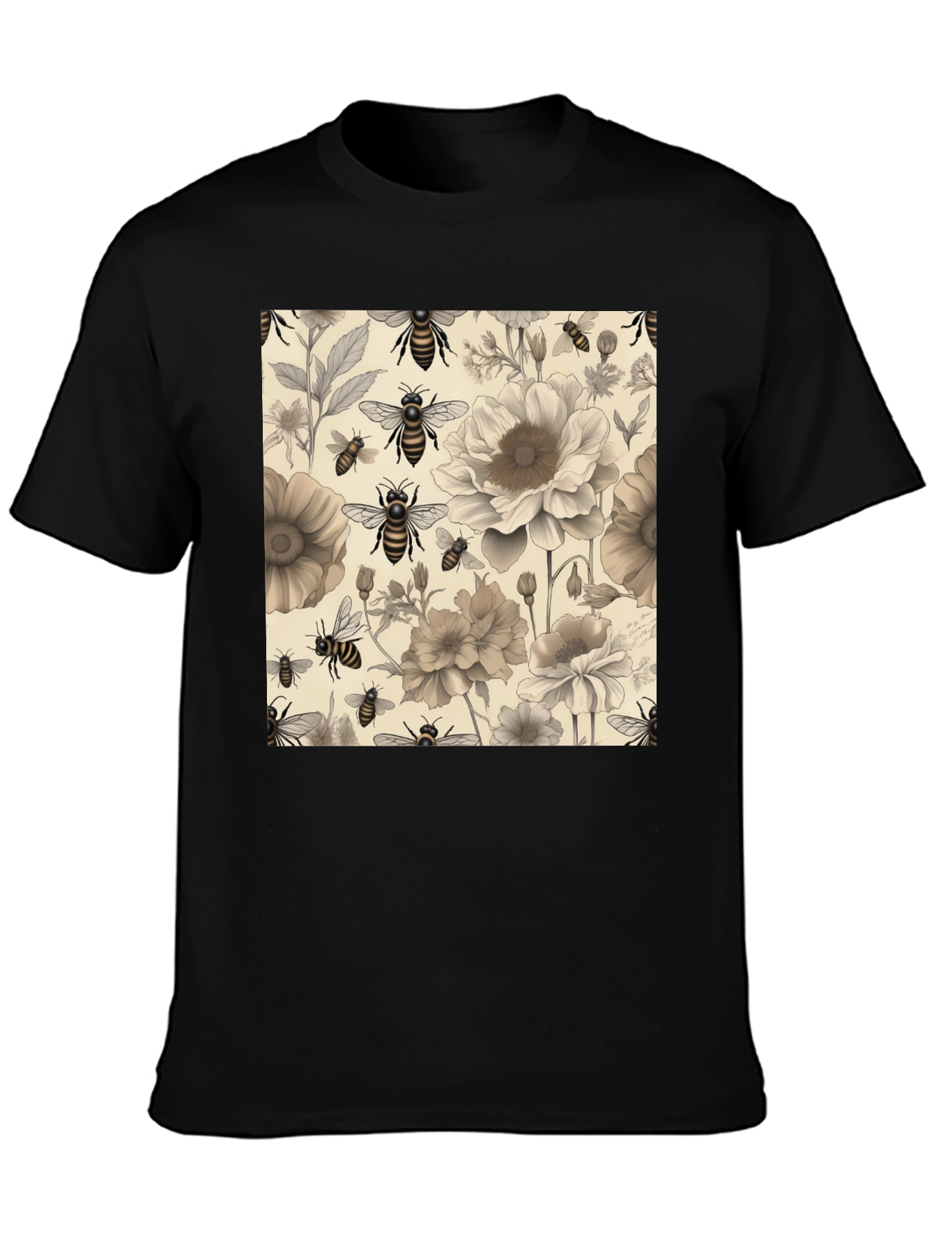 Black Floral Bee Print Black T-Shirt view 3