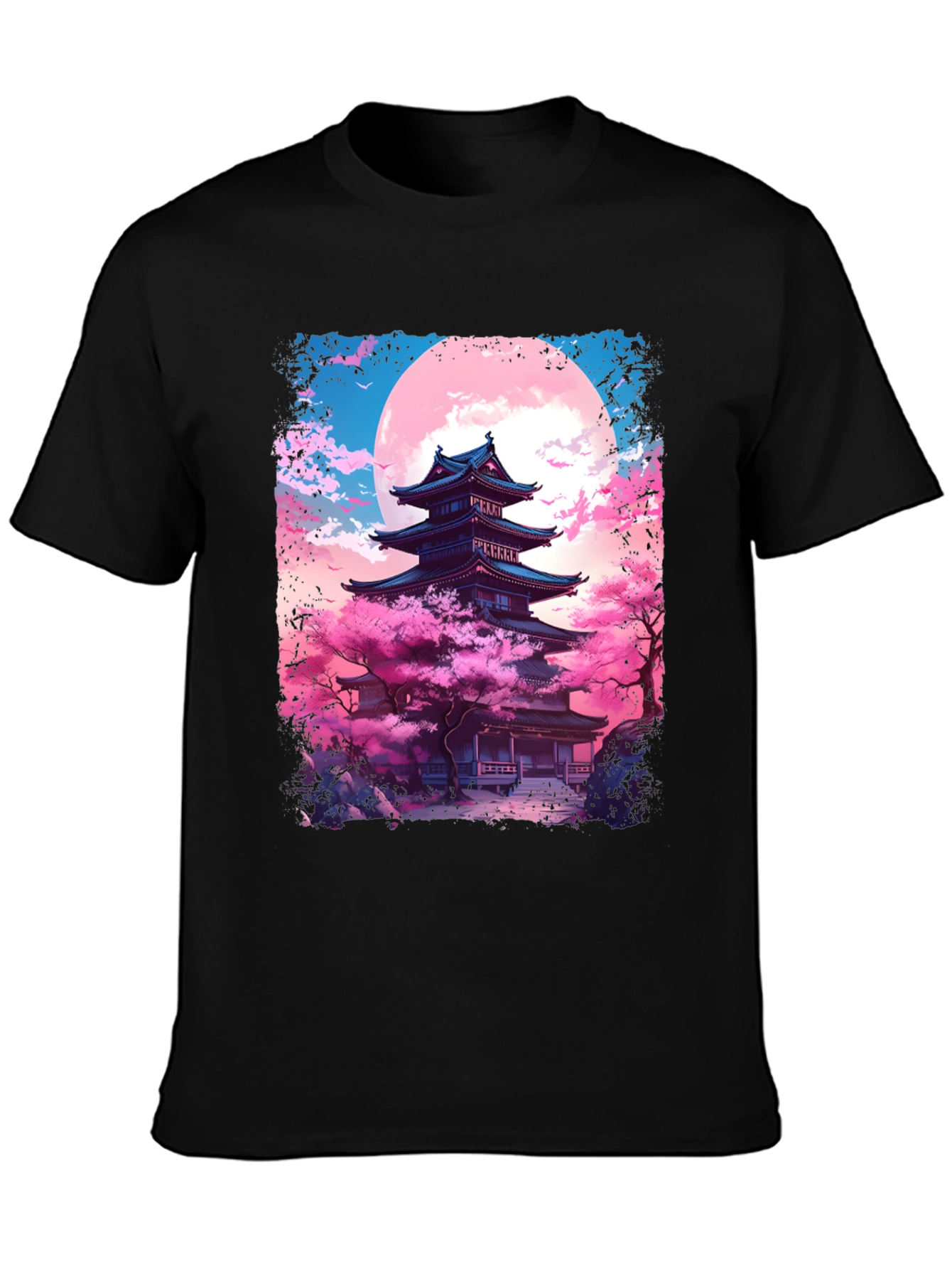 Black Japanese Temple Sakura Moon Men's Graphic Tee view 3