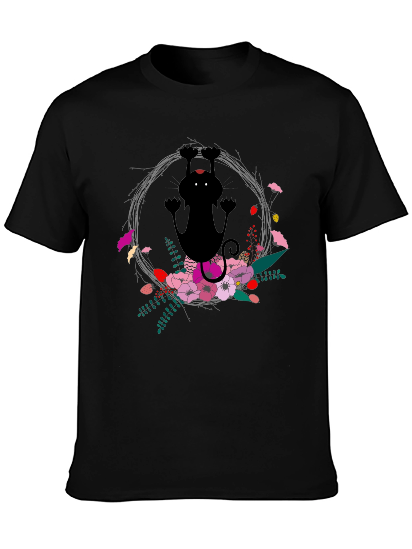 Black Floral Cat Black T-Shirt - Fun & Unique Design view 3
