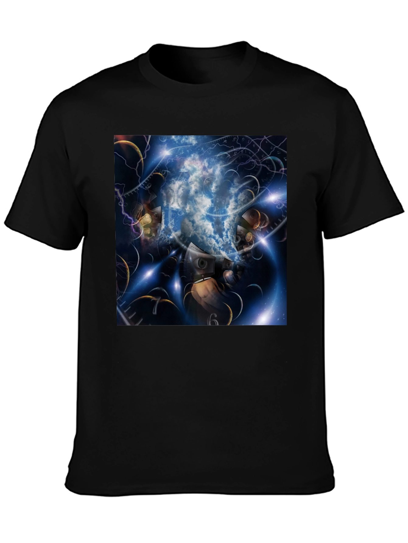 Black Surreal Clockwork Dreamscape Graphic Tee view 3
