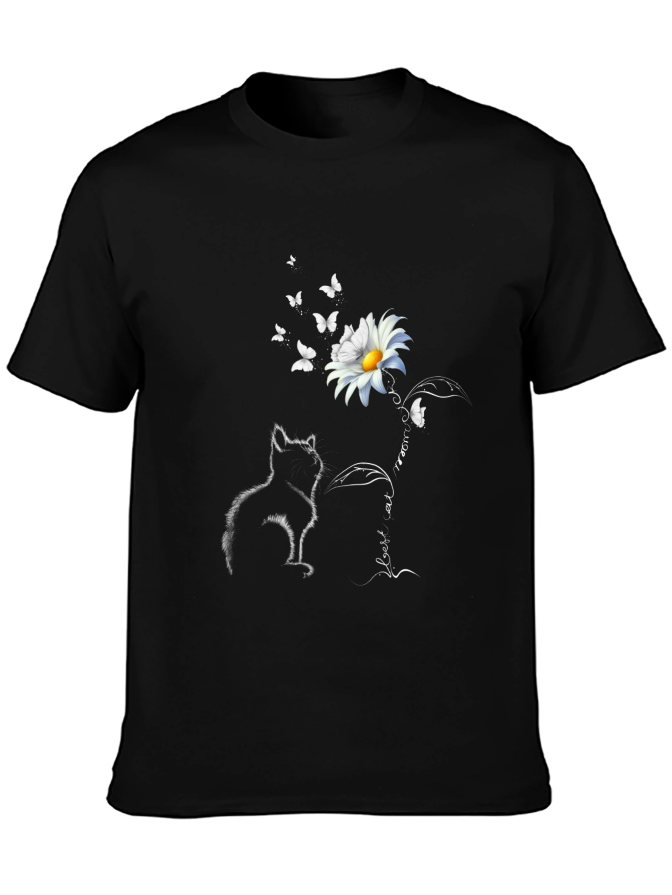 Black Cat & Daisy T-Shirt: Black Tee with Unique Graphic view 3