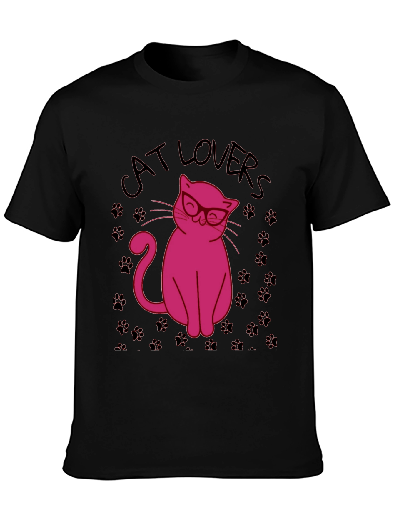 Black Cat Lovers T-Shirt - Pink Cat with Glasses Design view 3