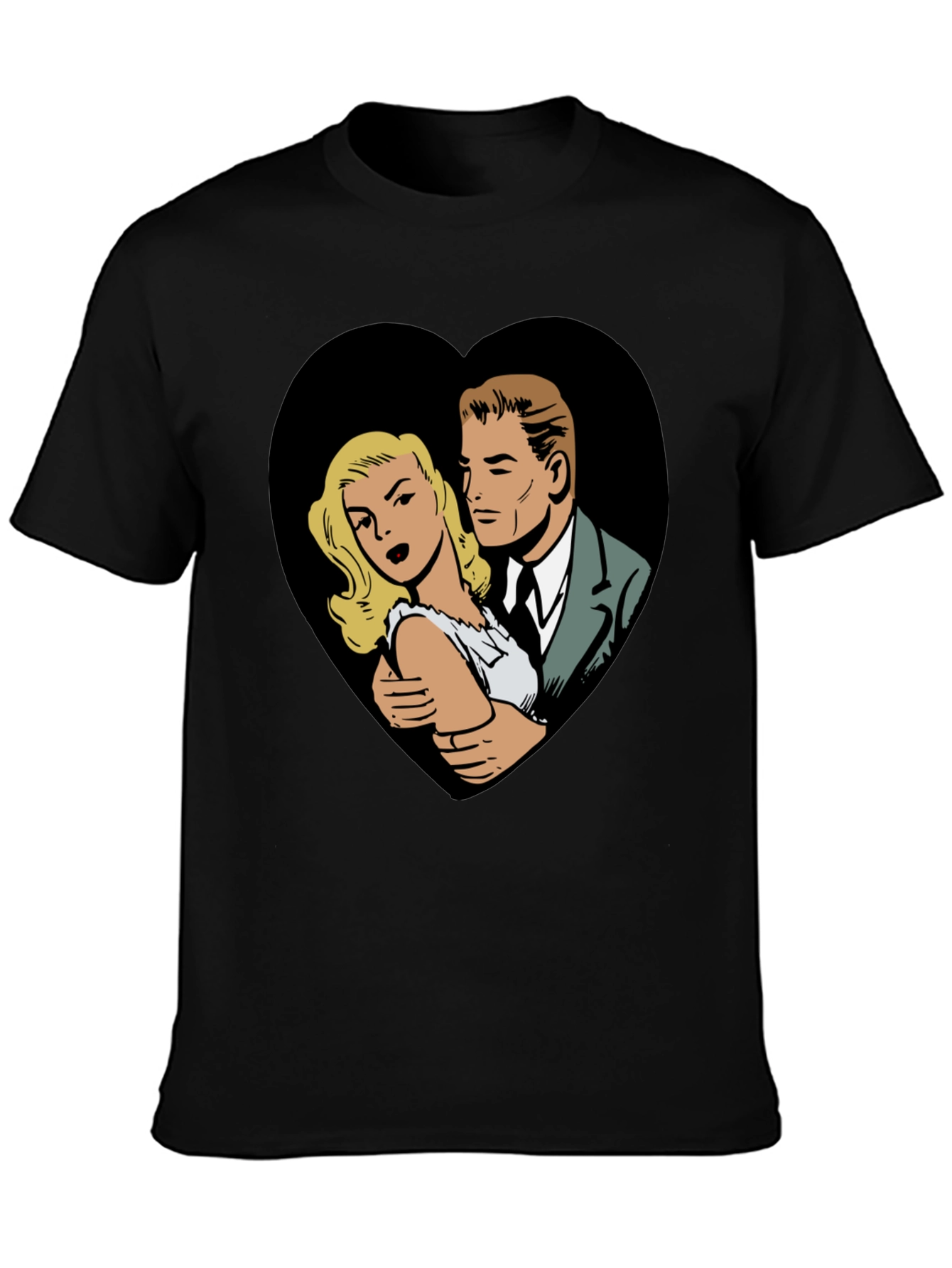 Black Retro Comic Couple Heart Graphic T-Shirt - Black view 3