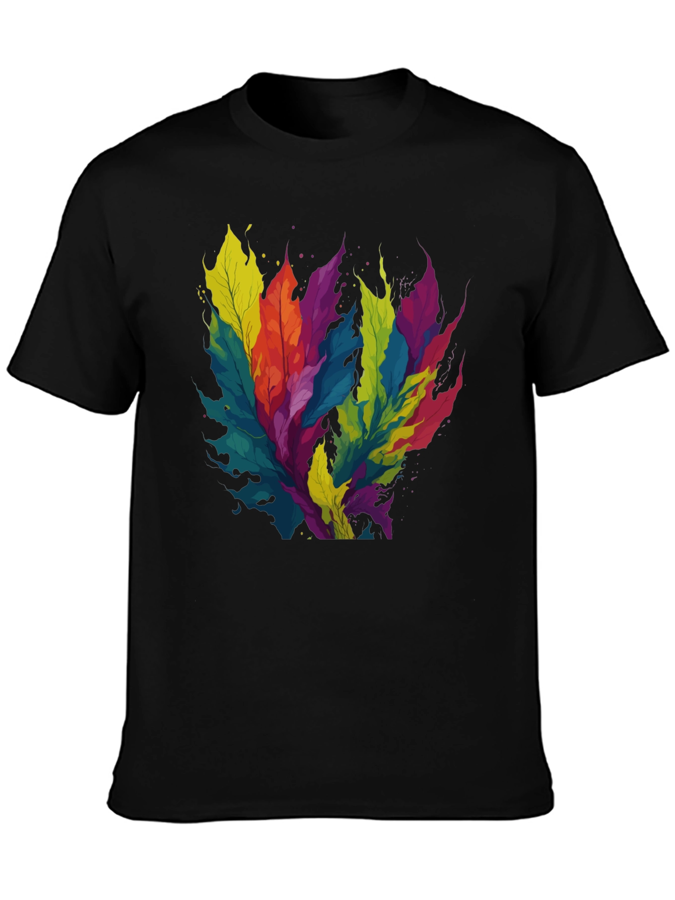 Black Colorful Leaf Design Black T-Shirt view 3