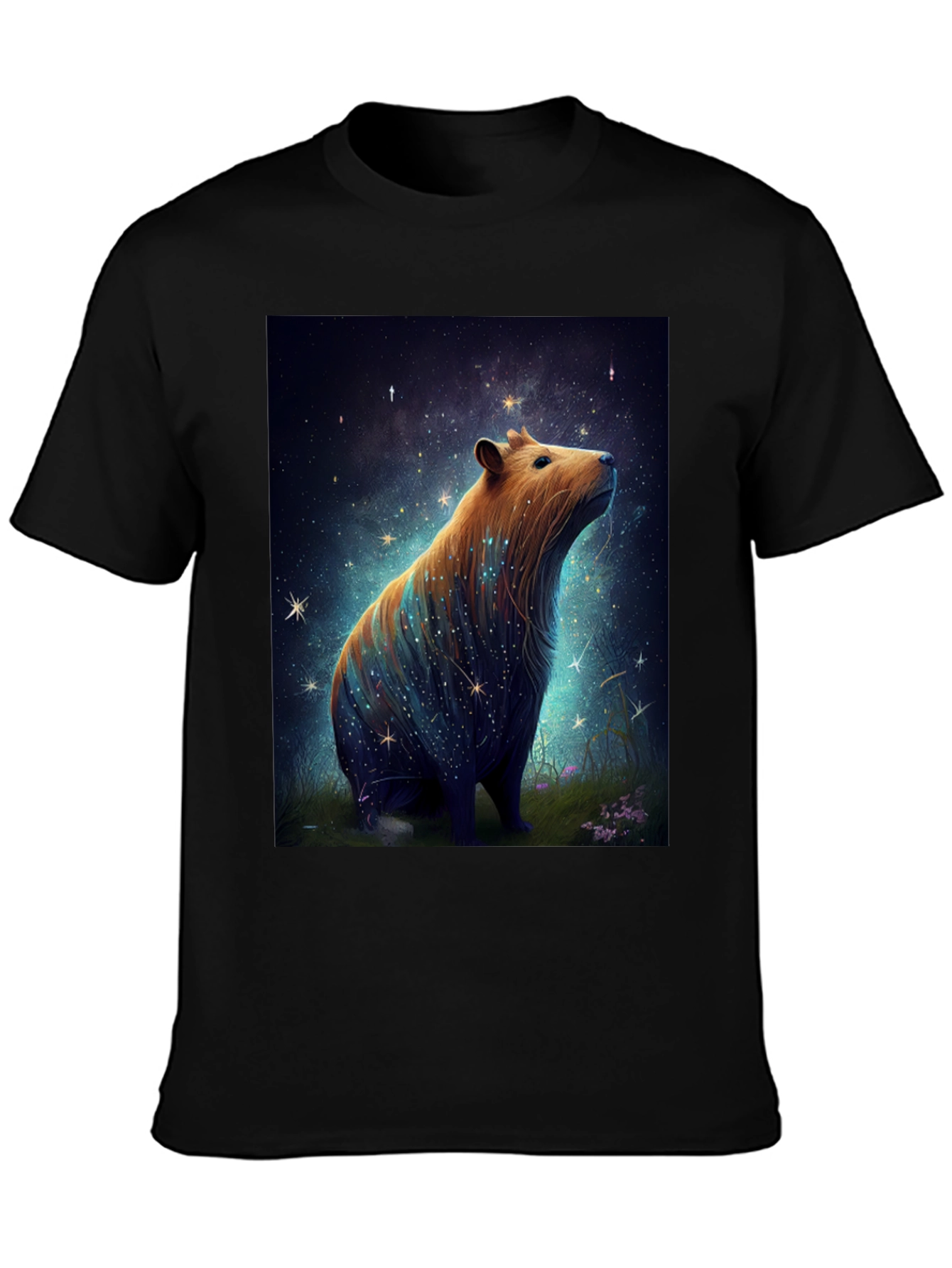 Black Starry Capybara Graphic Tee - Unisex Black T-Shirt view 3