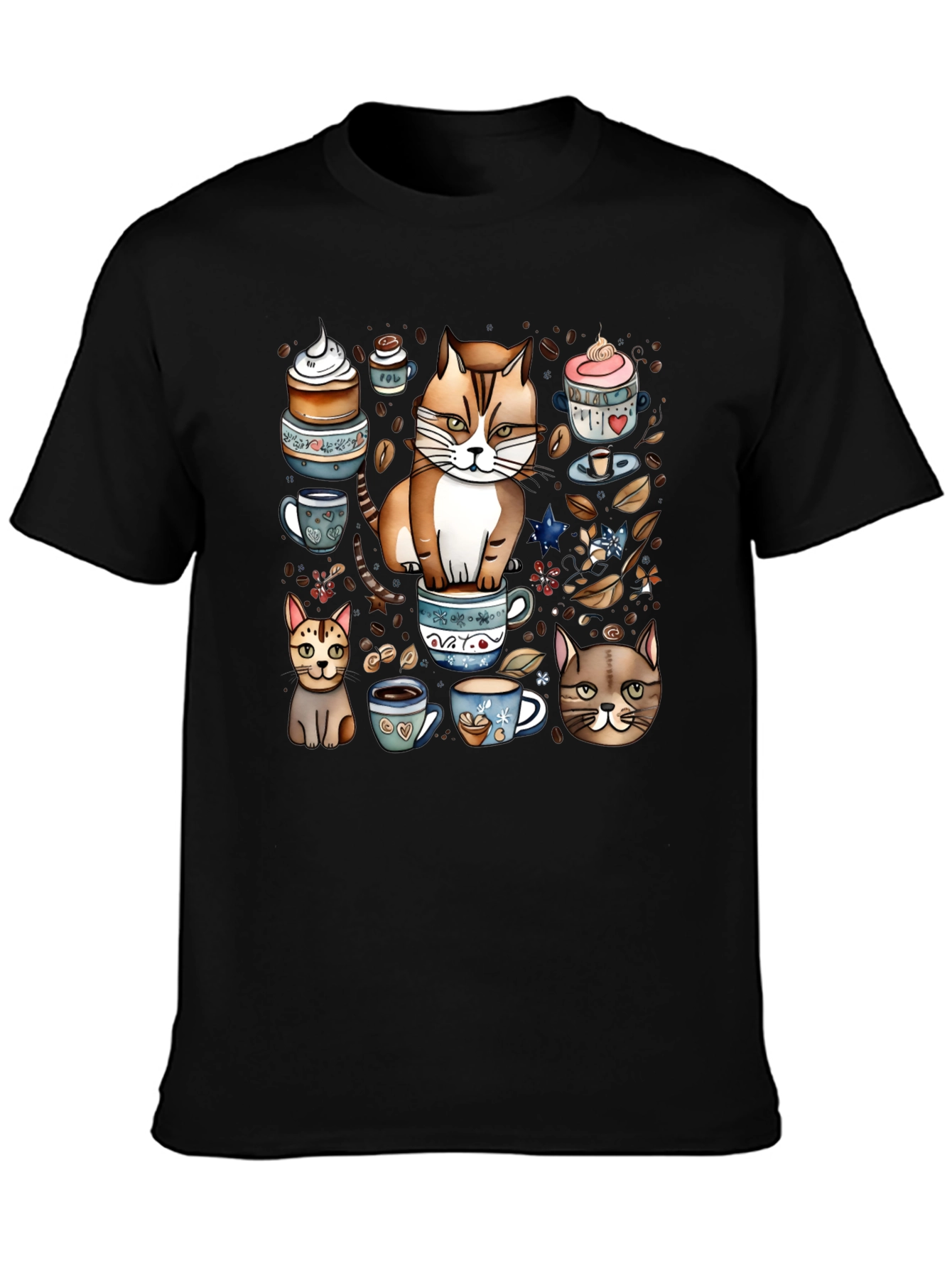 Black Cat & Coffee Lover T-Shirt - Cute Cartoon Design view 3
