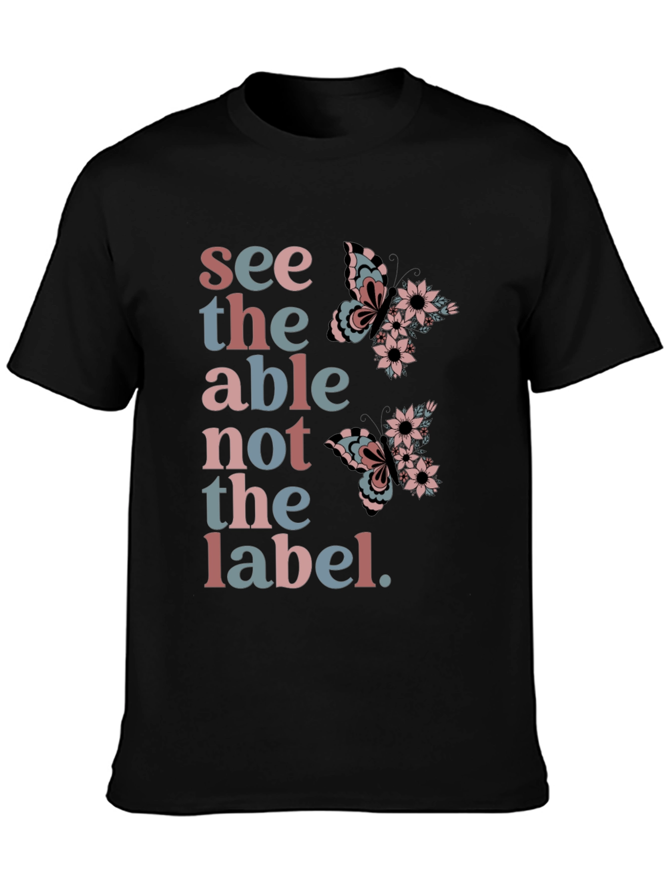 Black See the Able T-Shirt: Butterfly Floral Design view 3