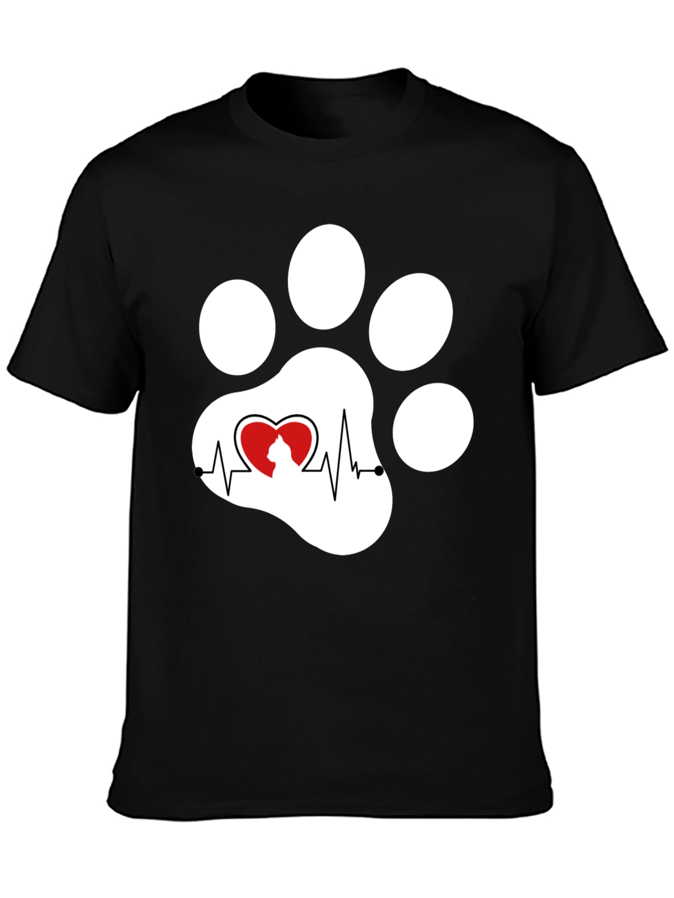 Black Black Cat Paw Heartbeat T-Shirt view 3