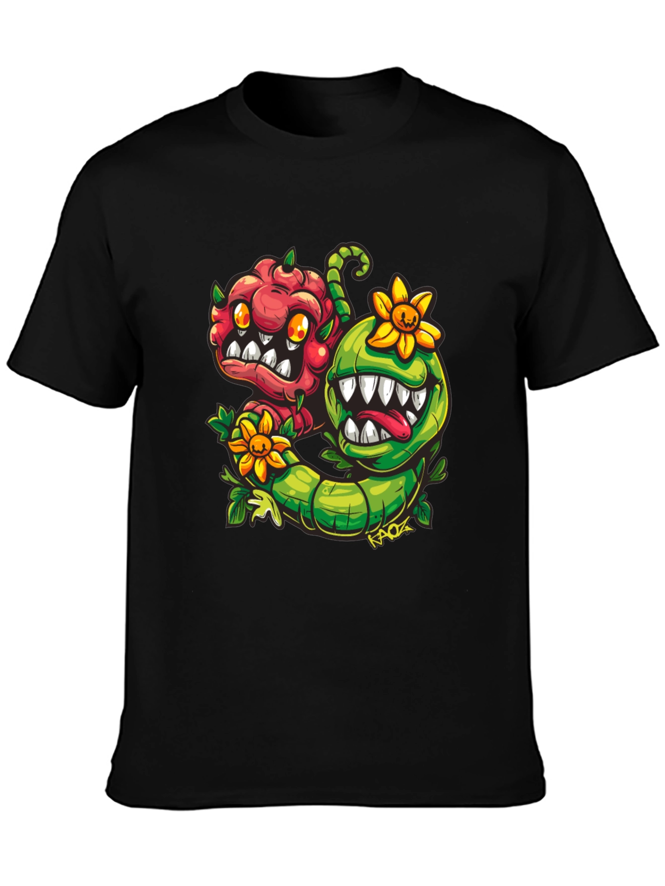 Black Cartoon Monster Plant T-Shirt - Black view 3