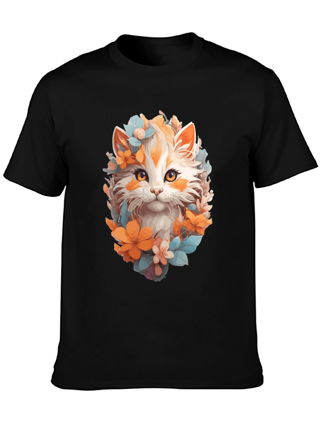 Black Floral Cat Graphic Black T-Shirt view 3