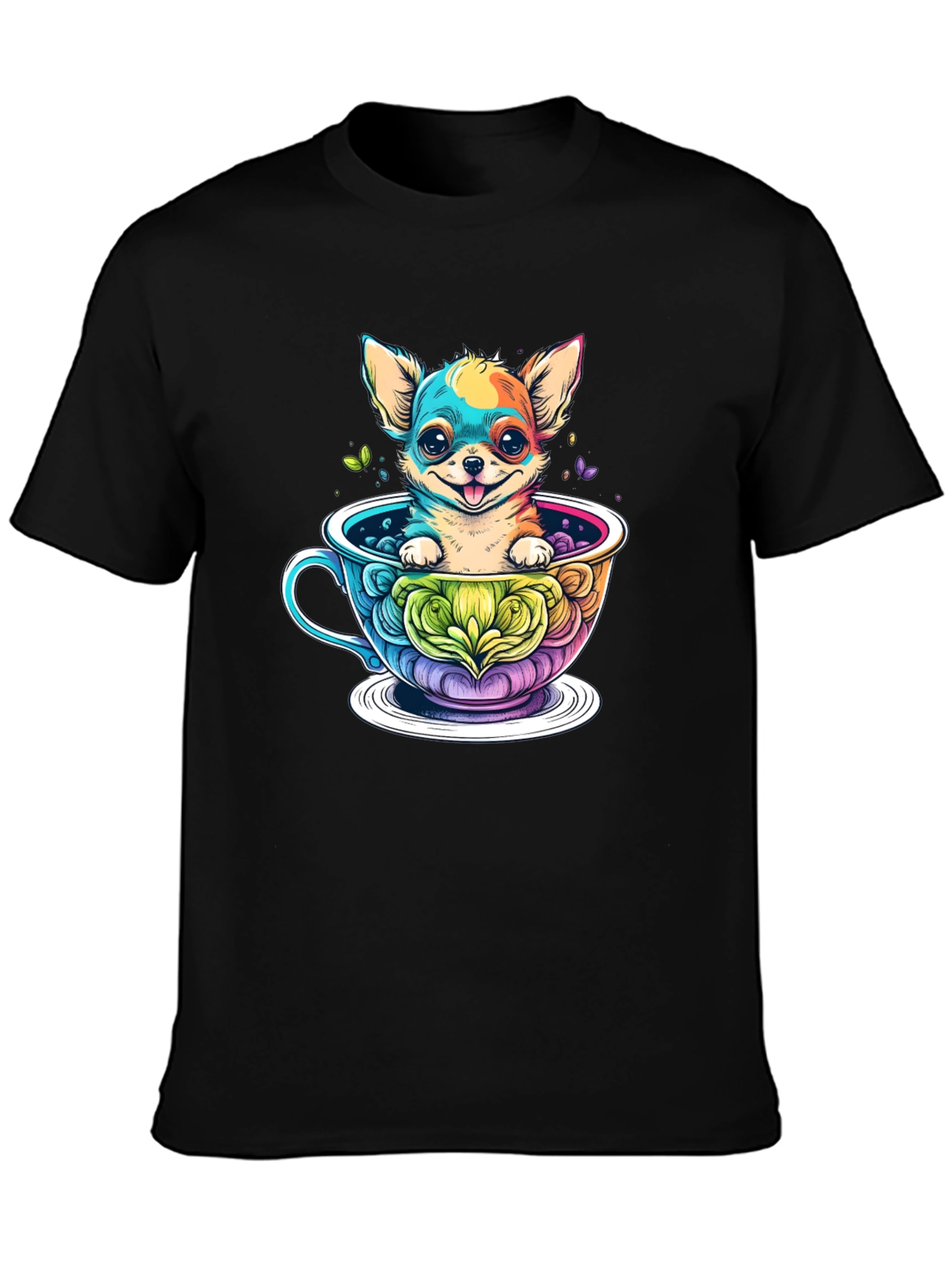 Black Chihuahua in Teacup Graphic Black T-Shirt view 3