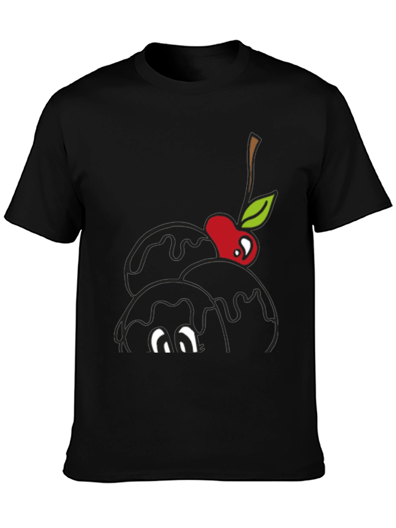 Black Black T-Shirt with Cartoon Cherry Ice Cream Design view 3