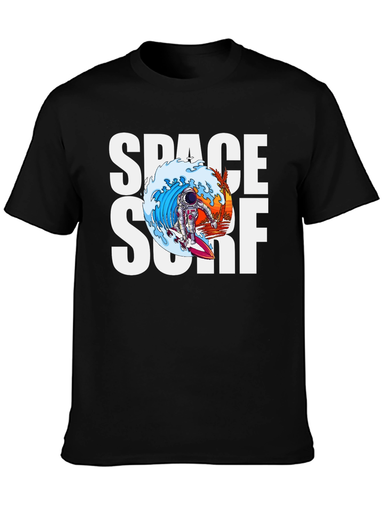 Black Space Surf Graphic Tee - Astronaut Surfing T-Shirt view 3