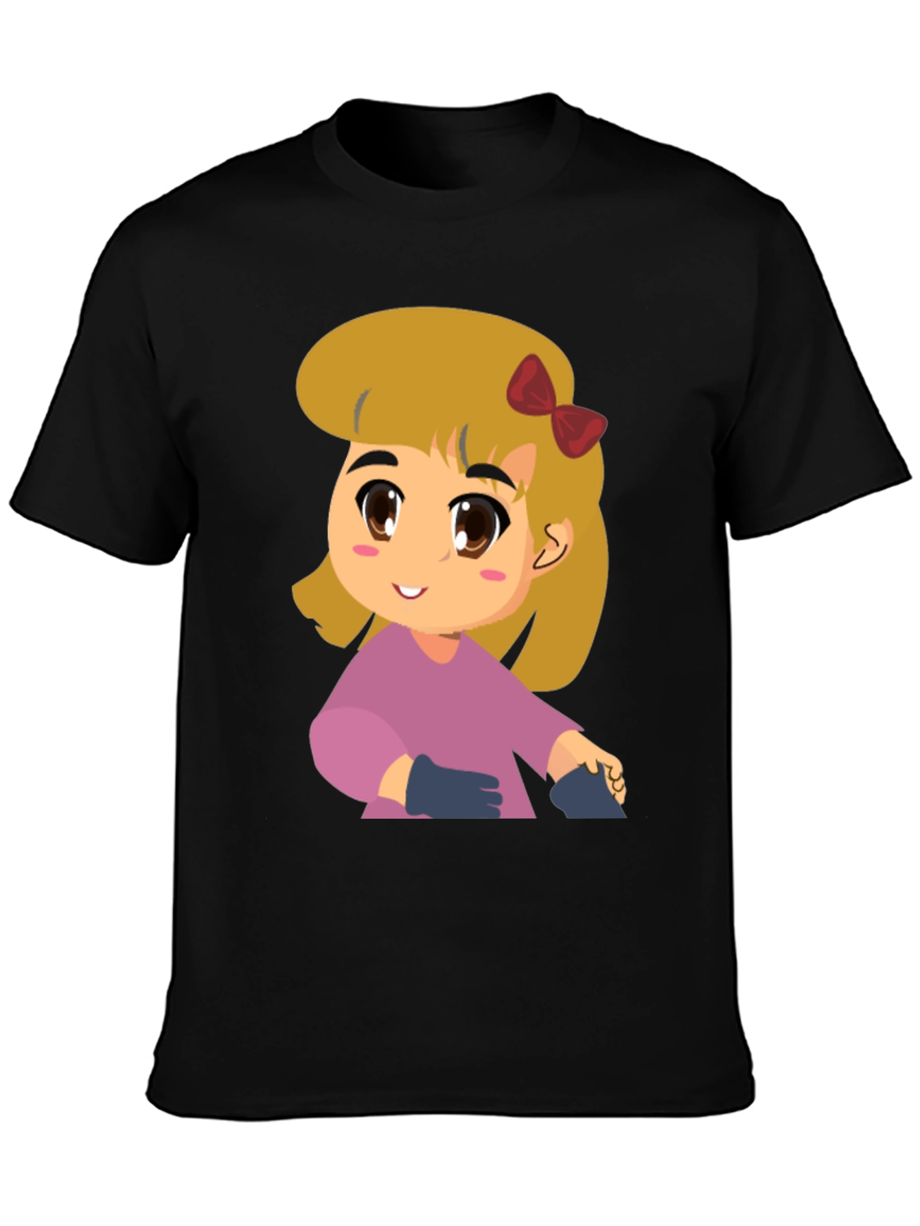 Black Cute Girl Cartoon Black T-Shirt view 3