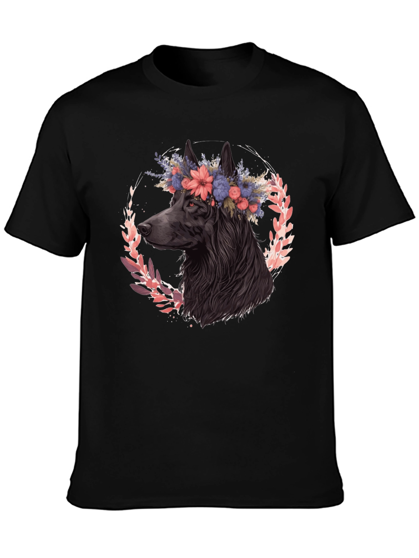 Black Floral Dog Graphic Tee - Black Cotton T-Shirt view 3