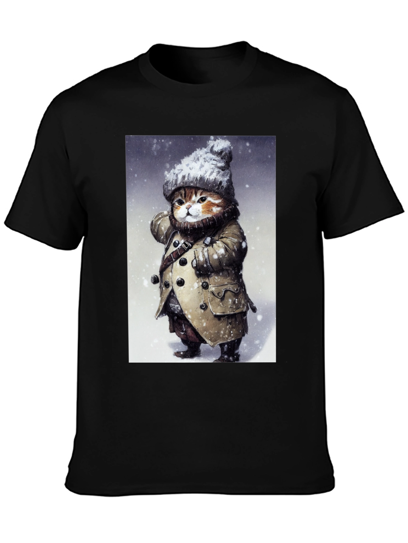 Black Winter Cat in Coat T-Shirt - Unique Graphic Tee view 3