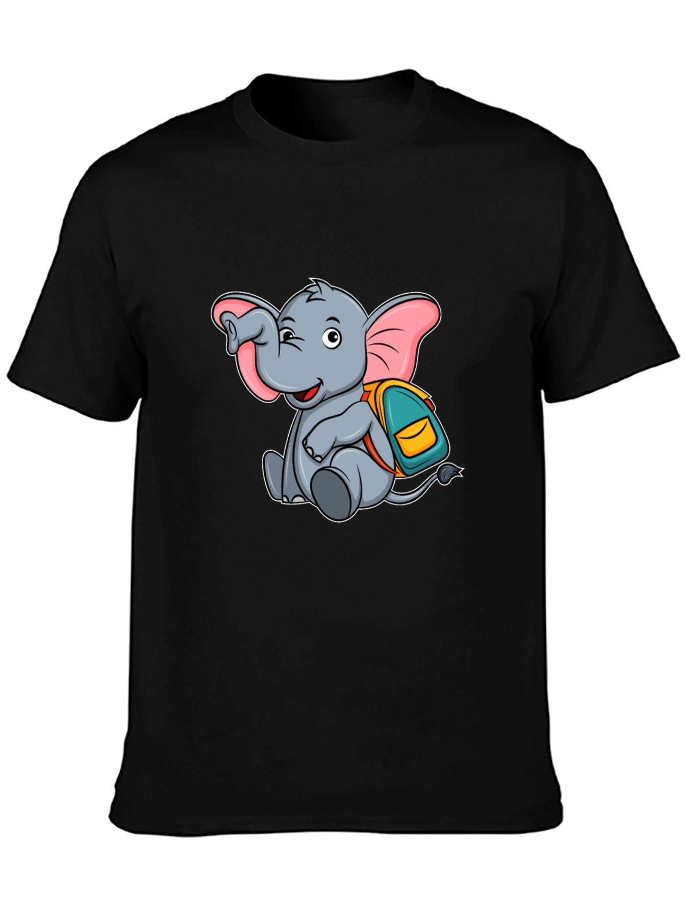 Black Cute Elephant with Backpack Black T-Shirt view 3